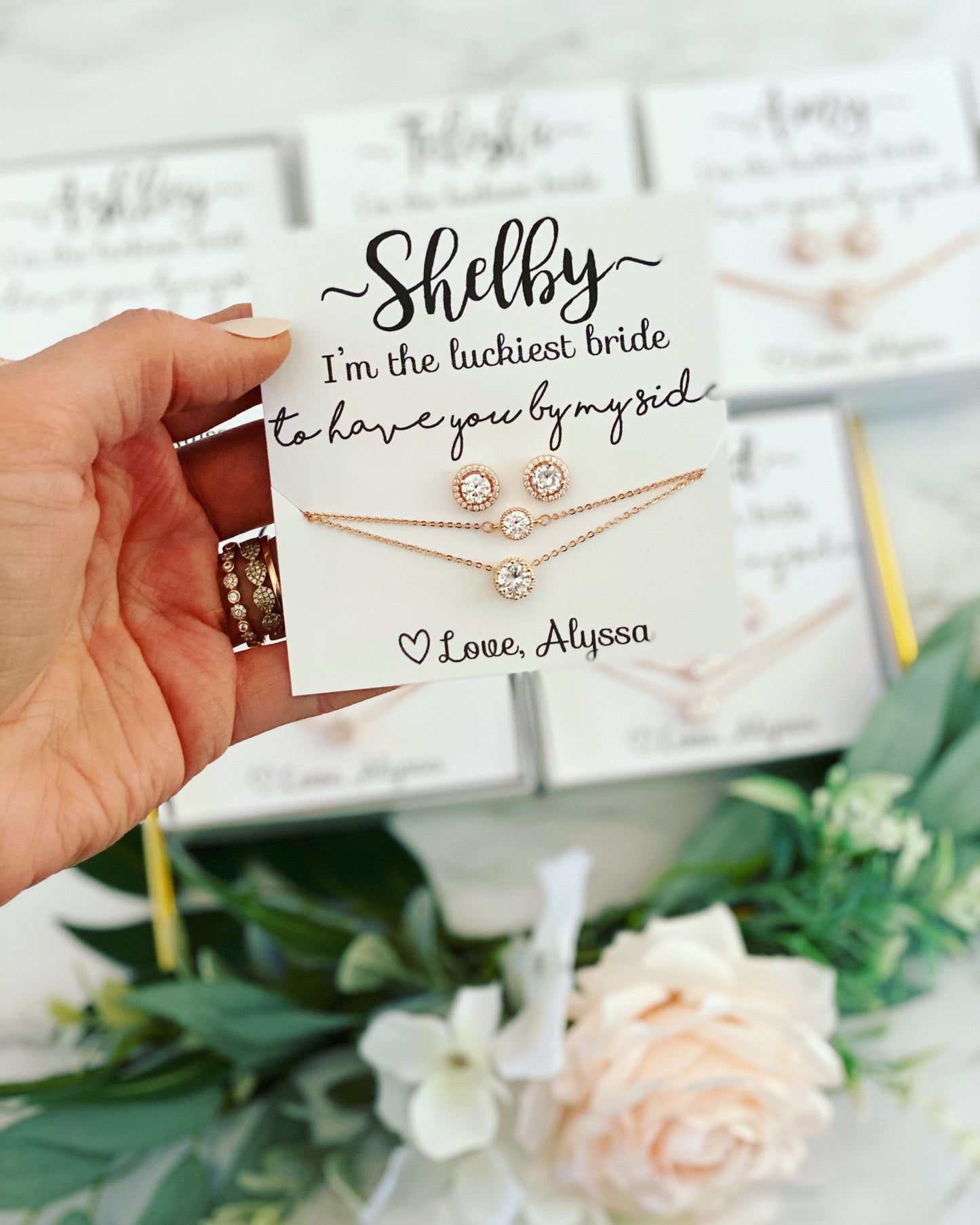 Luckiest Bride CZ Necklace, Bracelet & Matching Stud Earrings