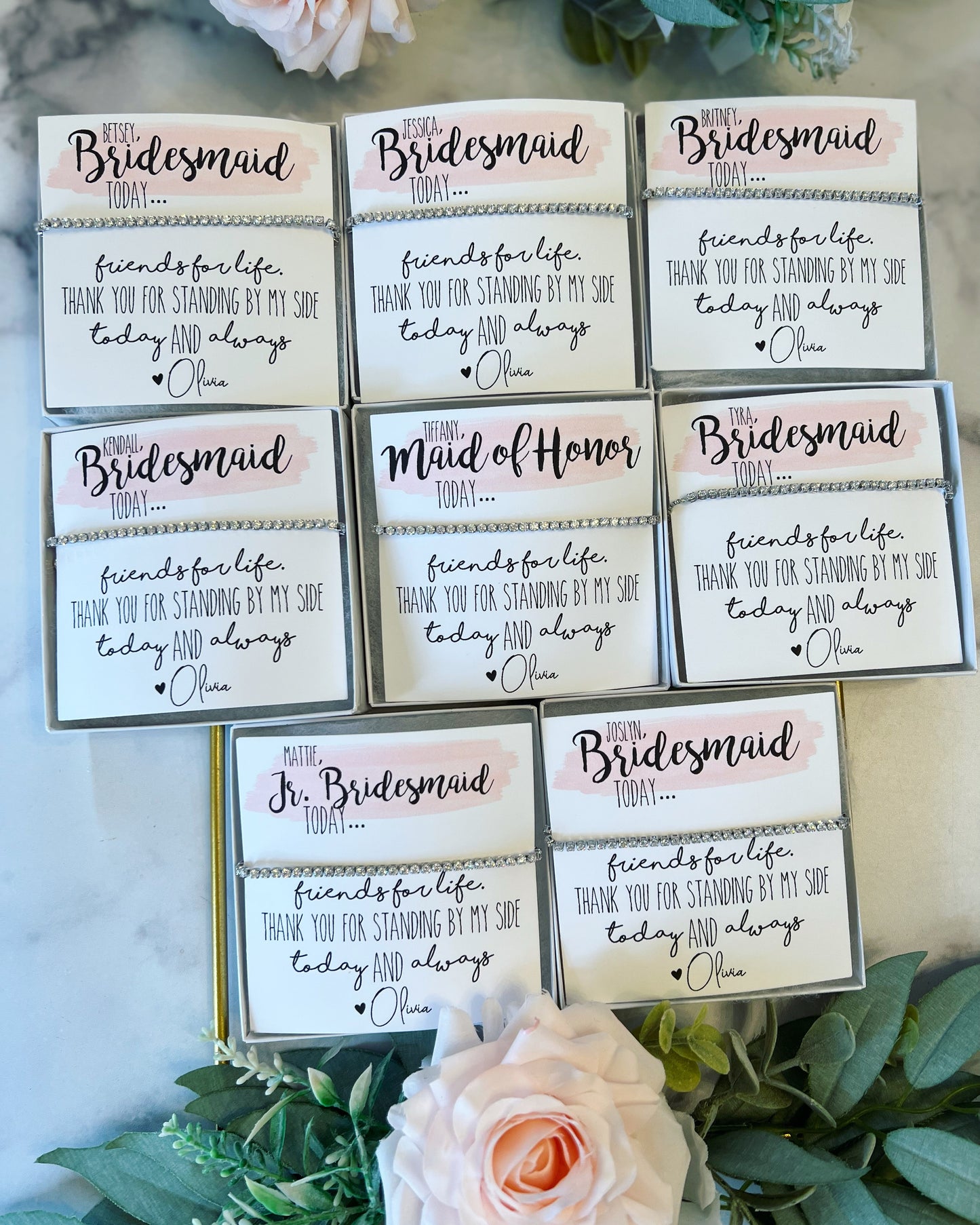 Bridesmaid Cubic Zircon Bracelet & Watercolor Card