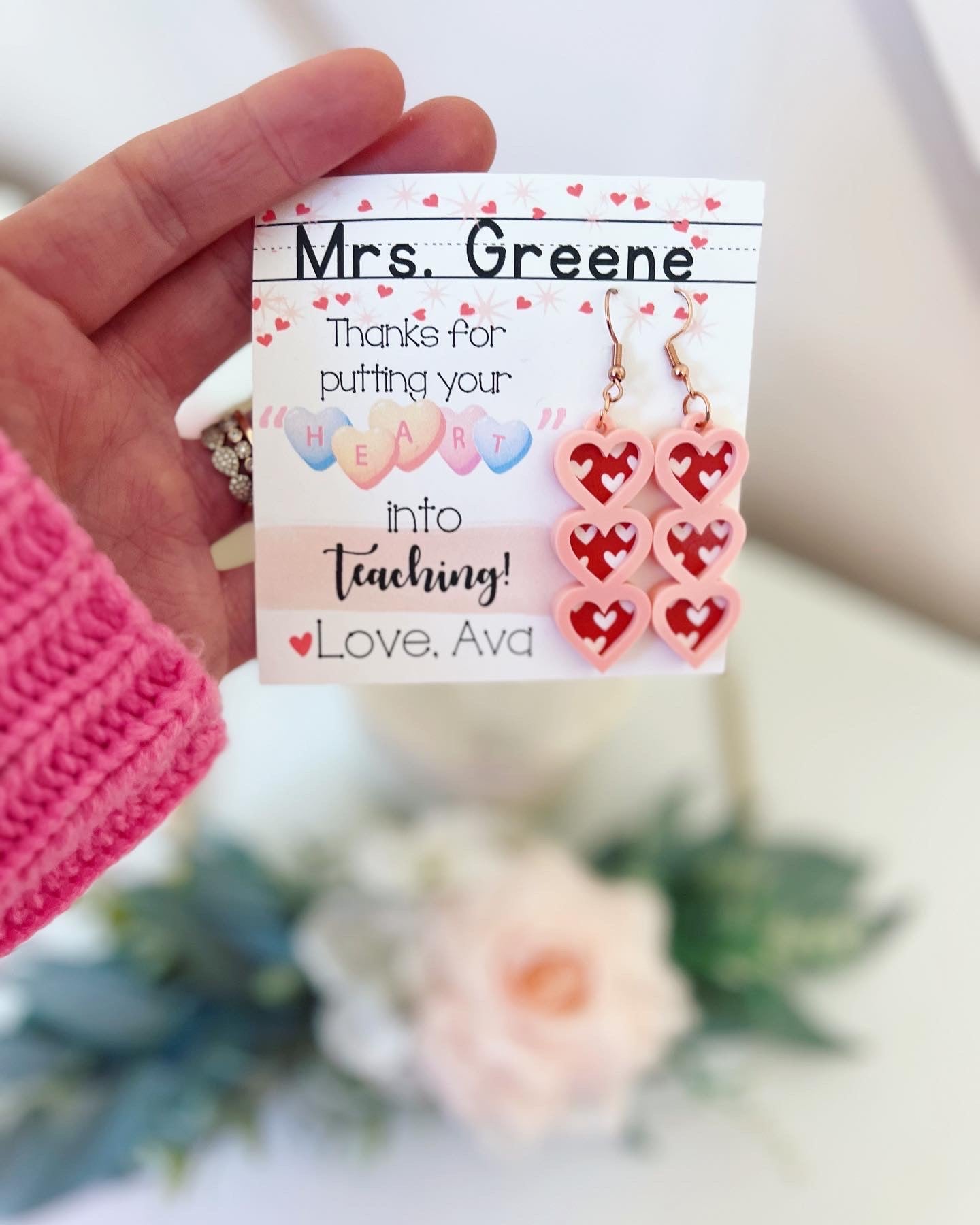 Teacher Heart Valentine's Day Earrings, card, box & ribbon included!