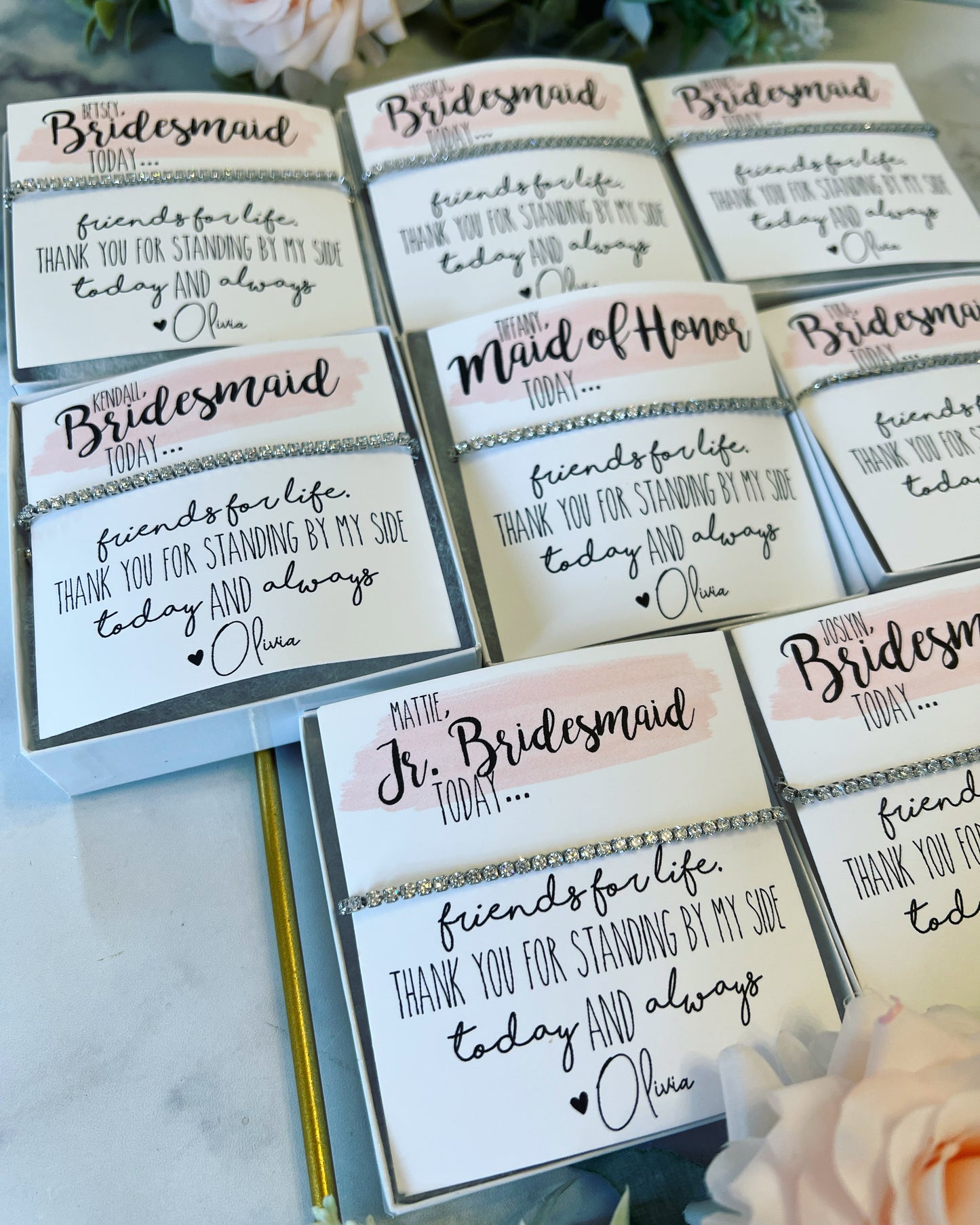 Bridesmaid Cubic Zircon Bracelet & Watercolor Card