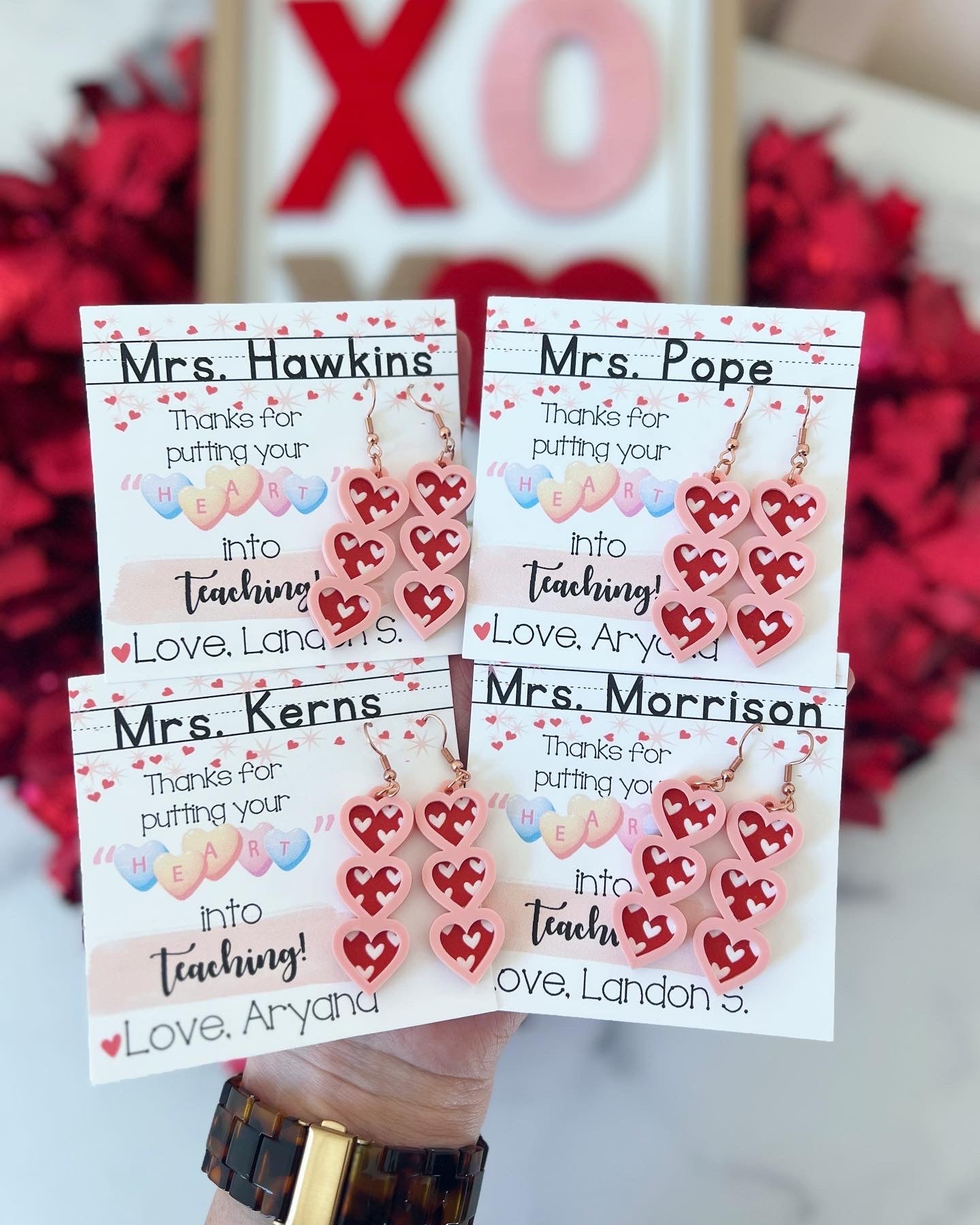 Teacher Heart Valentine's Day Earrings, card, box & ribbon included!