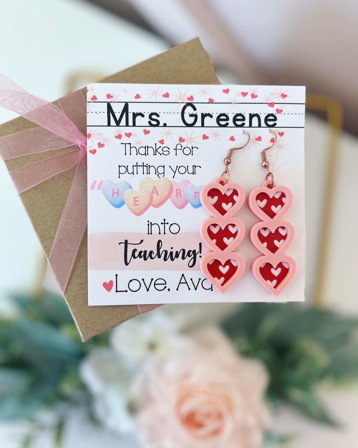Teacher Heart Valentine's Day Earrings, card, box & ribbon included!