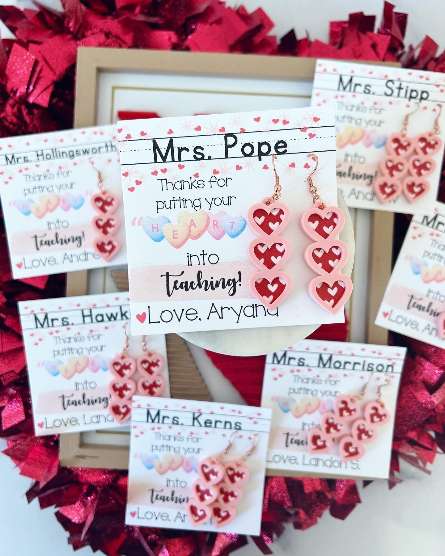 Teacher Heart Valentine's Day Earrings, card, box & ribbon included!