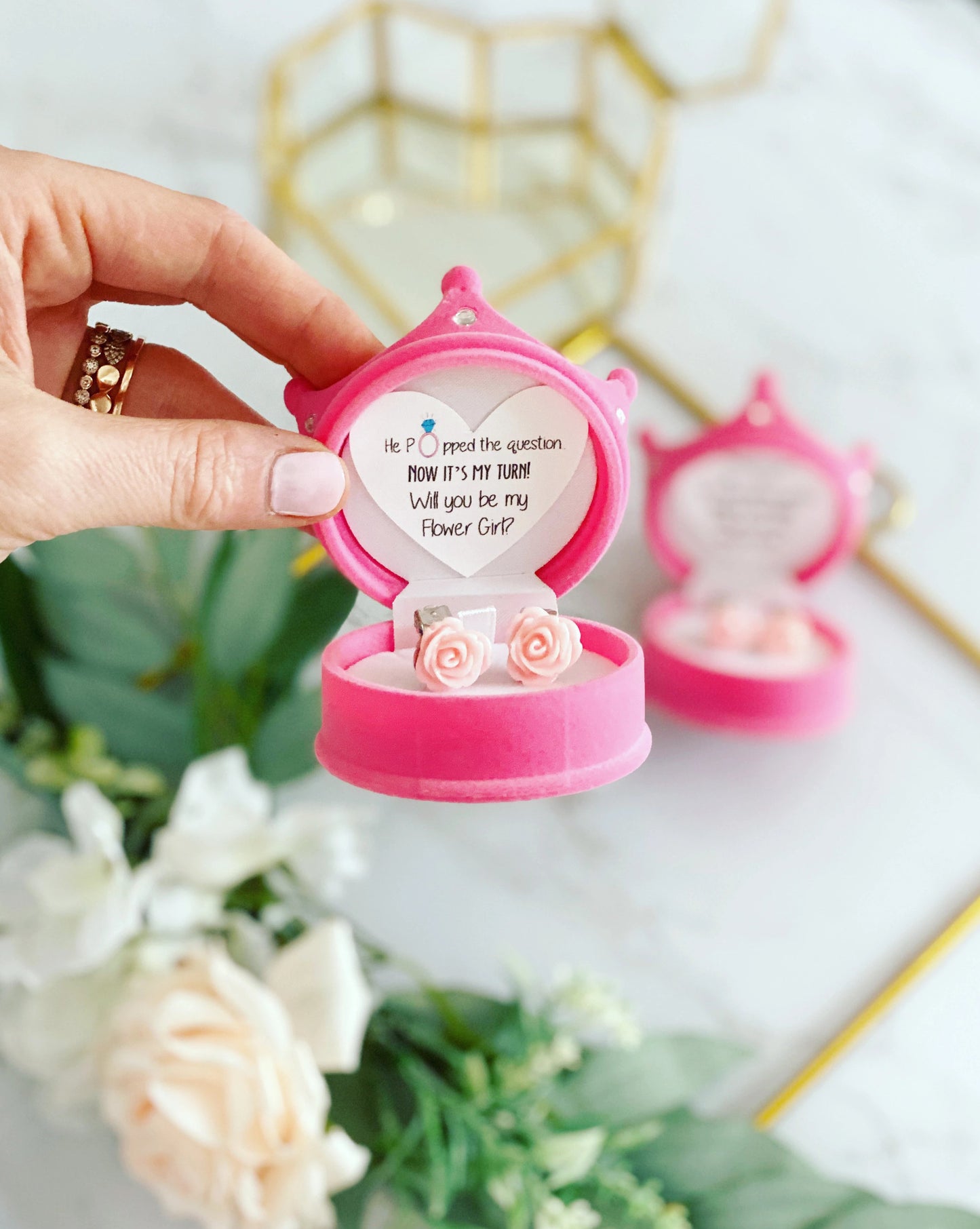 Will you be my Flower Girl? Clip on earrings & Crown box!