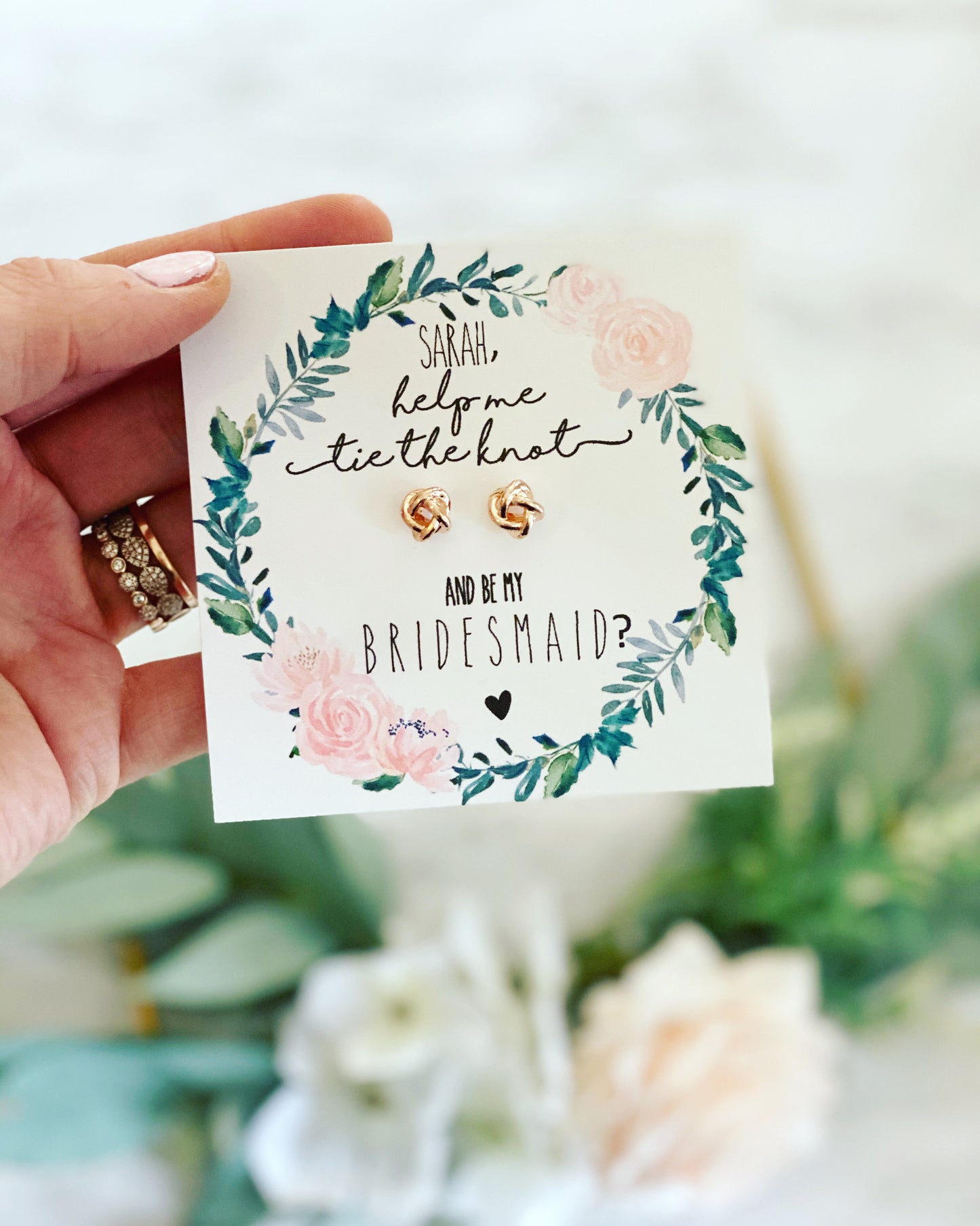 Silver Knot Bridal Party Earrings Floral Wreath Card