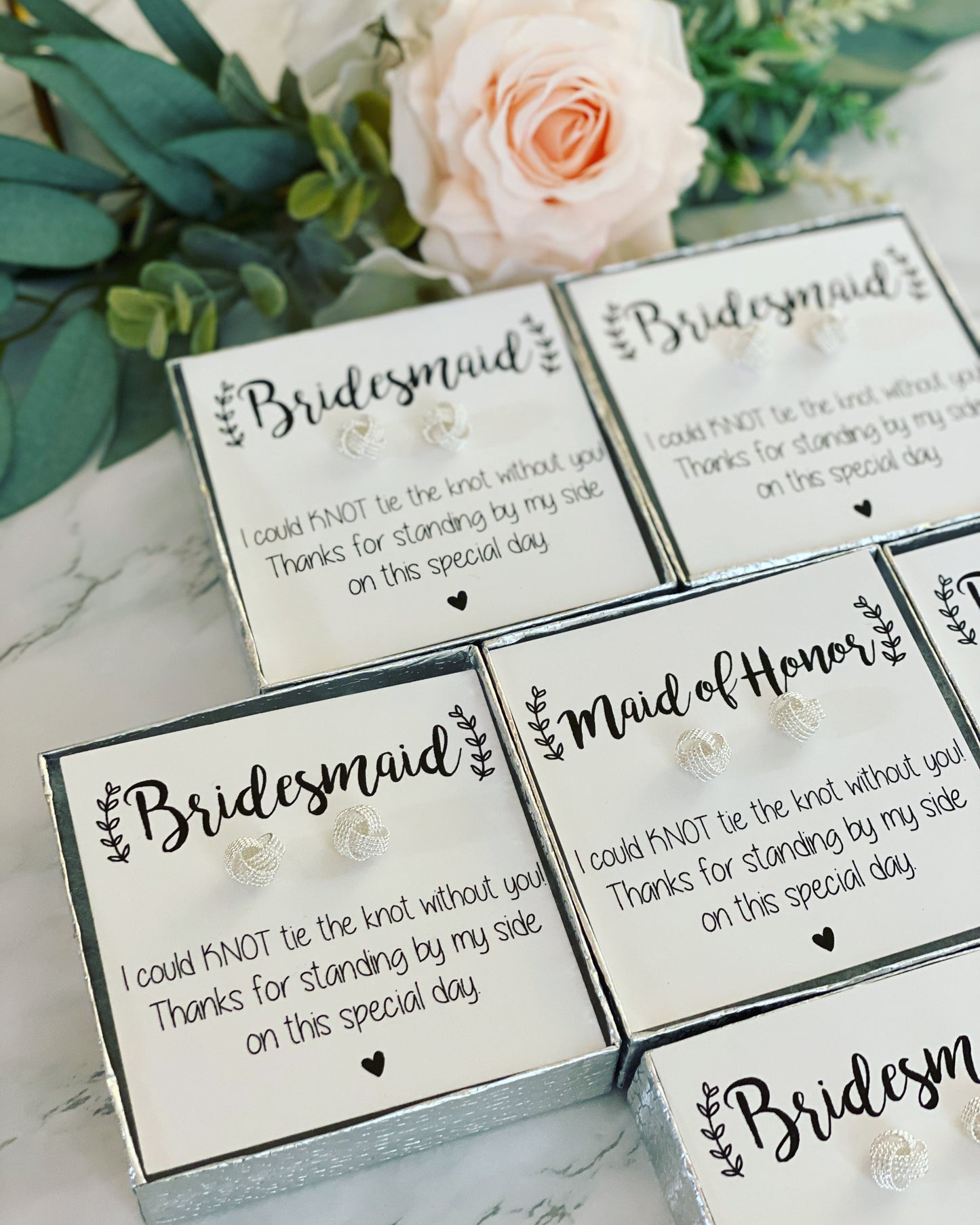 Silver Knot Bridal Party Earrings with Role