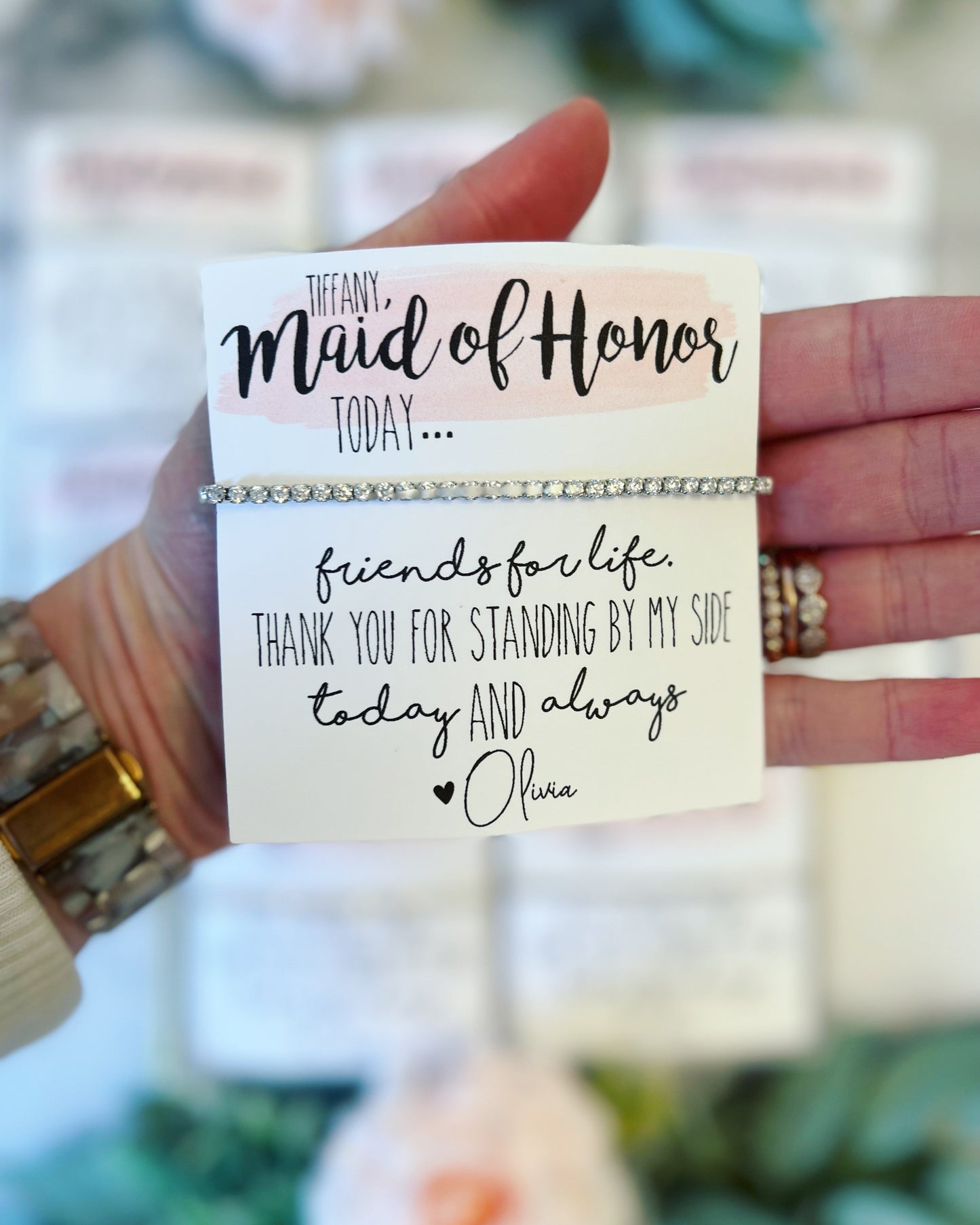 Bridesmaid Cubic Zircon Bracelet & Watercolor Card