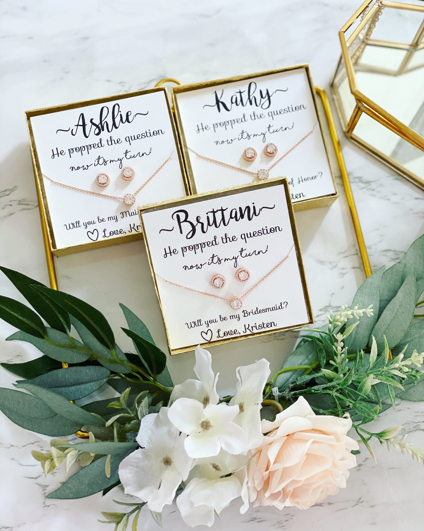He Popped the Question! Cubic Zircon Studs & Matching Necklace Bridal Party Gift