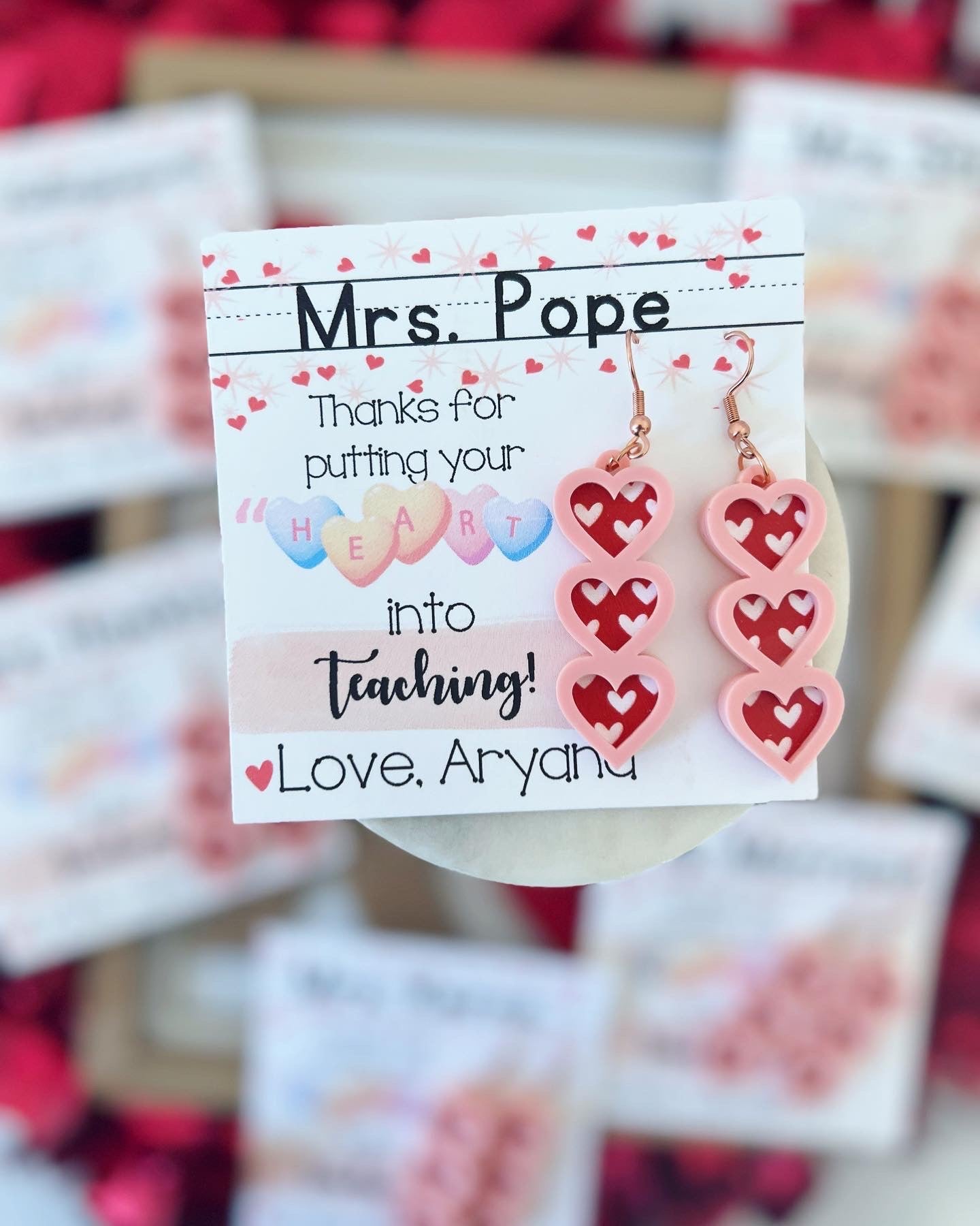 Teacher Heart Valentine's Day Earrings, card, box & ribbon included!