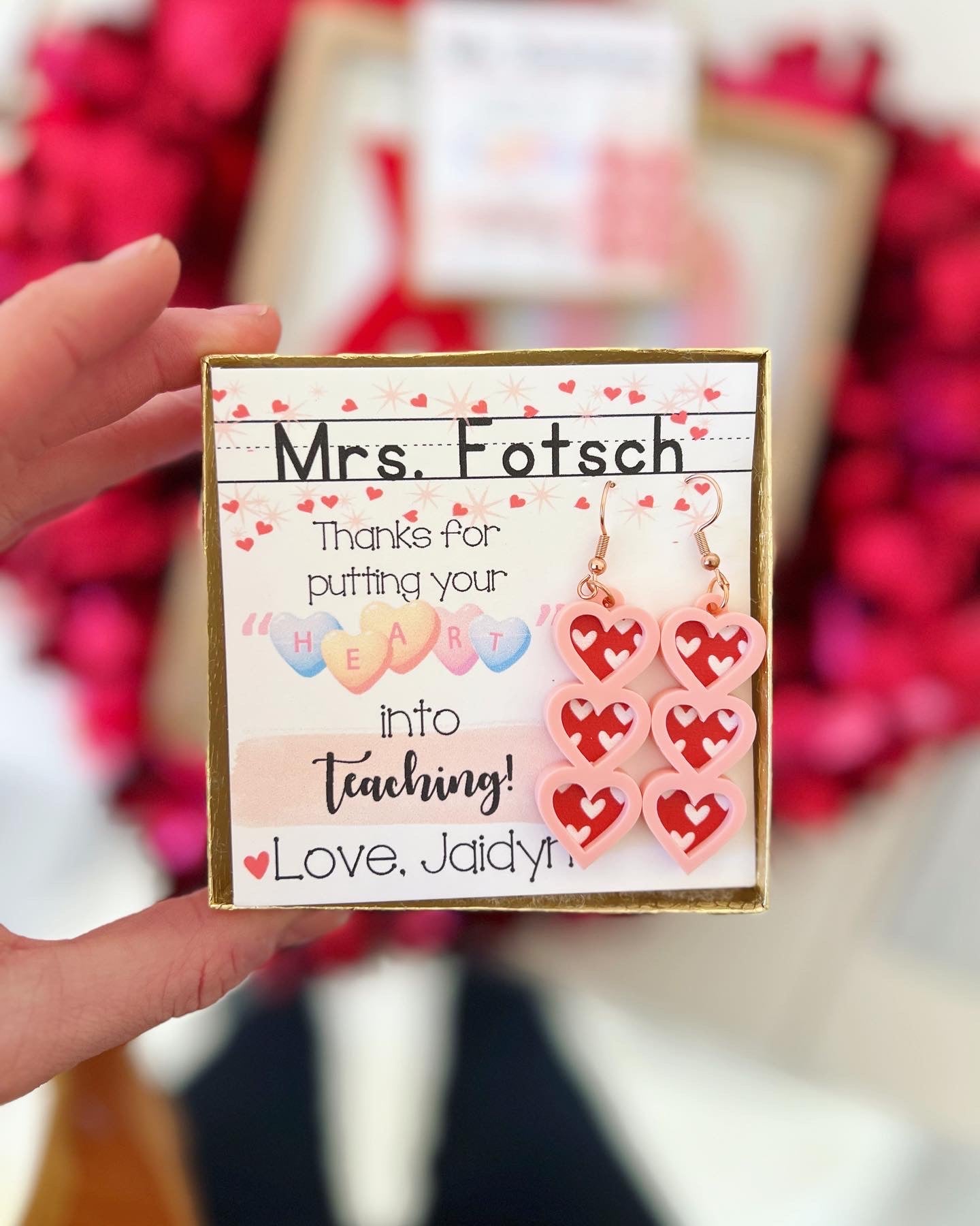 Teacher Heart Valentine's Day Earrings, card, box & ribbon included!