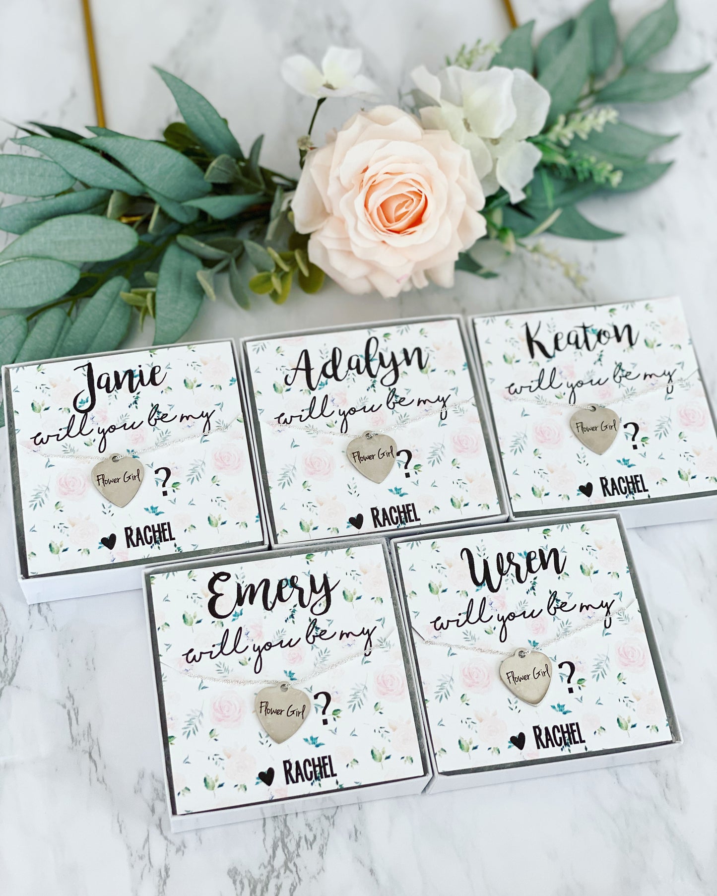 Engraved Heart Flower Girl Necklace