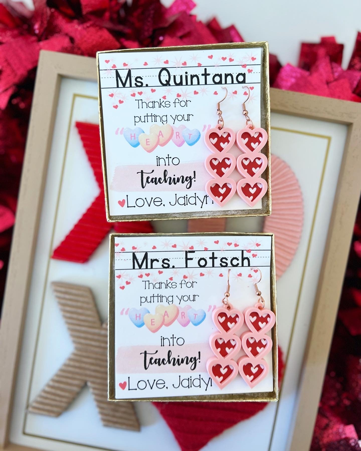 Teacher Heart Valentine's Day Earrings, card, box & ribbon included!