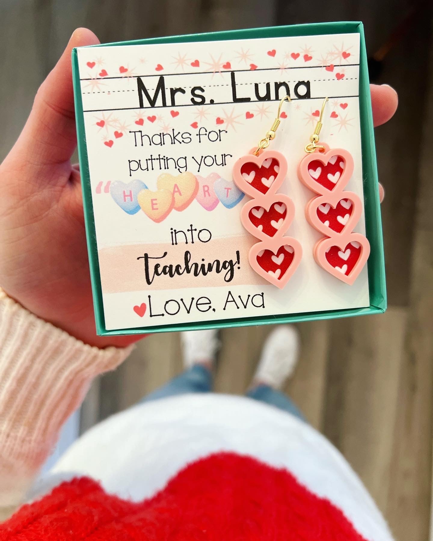 Teacher Heart Valentine's Day Earrings, card, box & ribbon included!