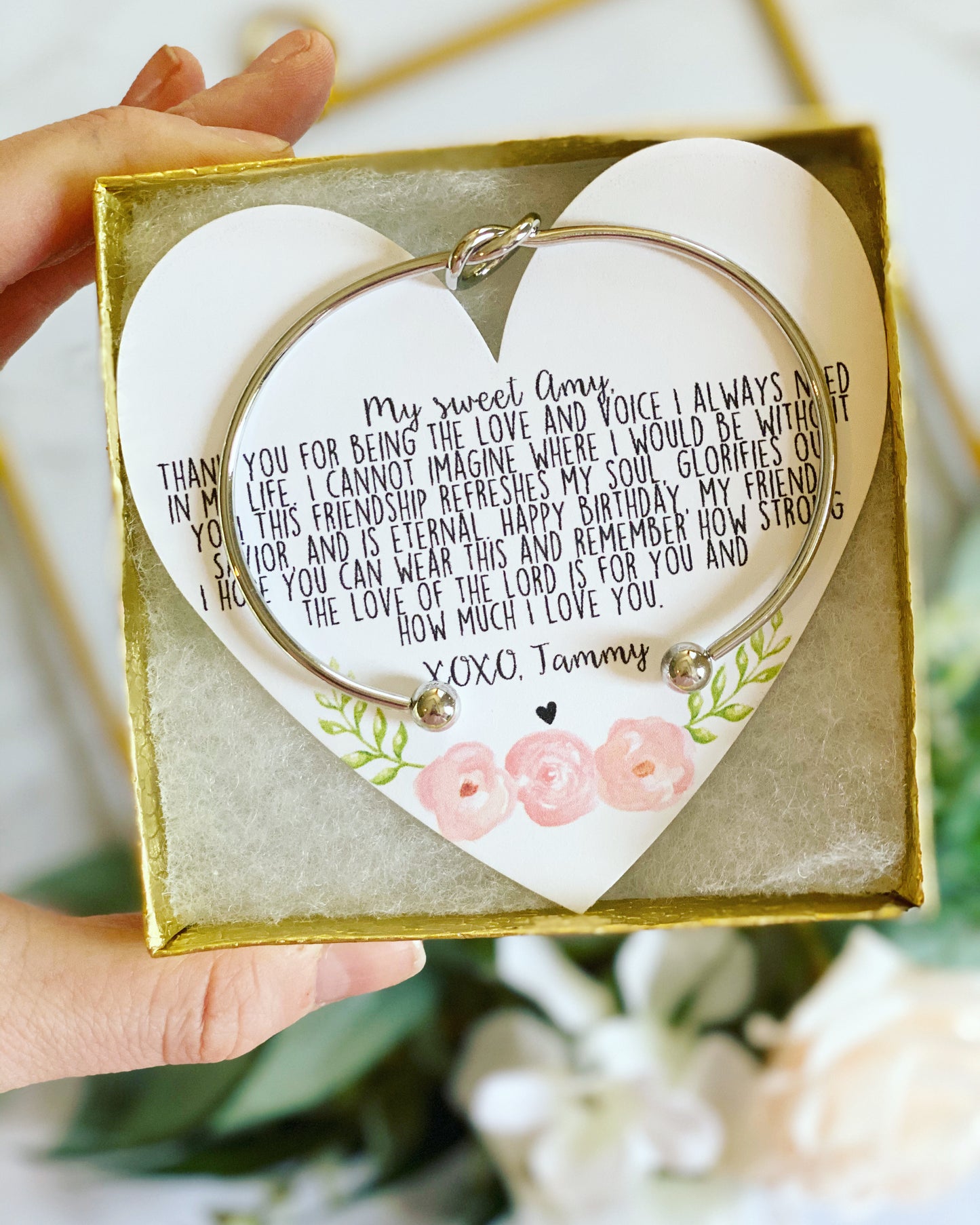 Best Friend Knot Bangle Floral Heart Card Personalized!