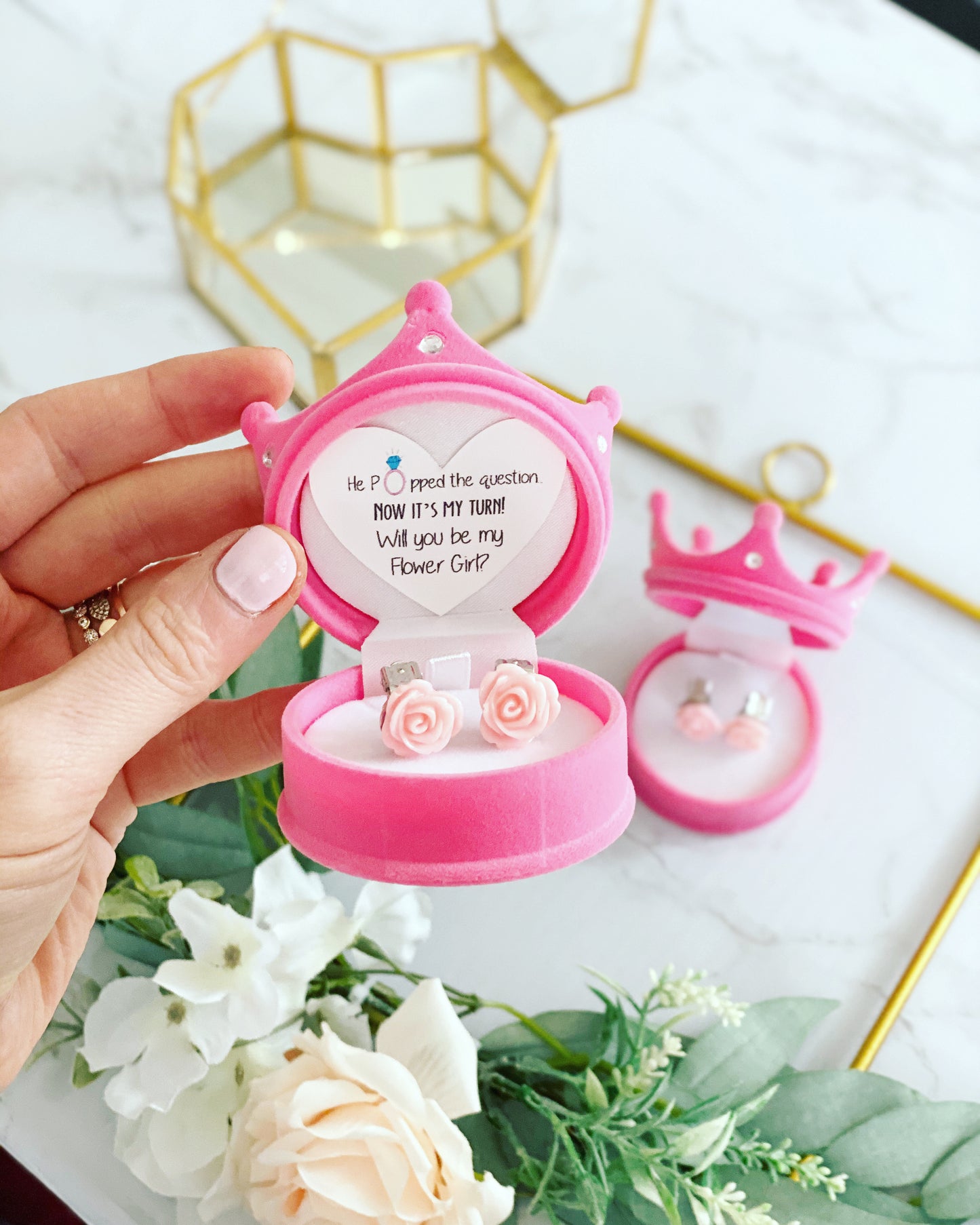 Will you be my Flower Girl? Clip on earrings & Crown box!