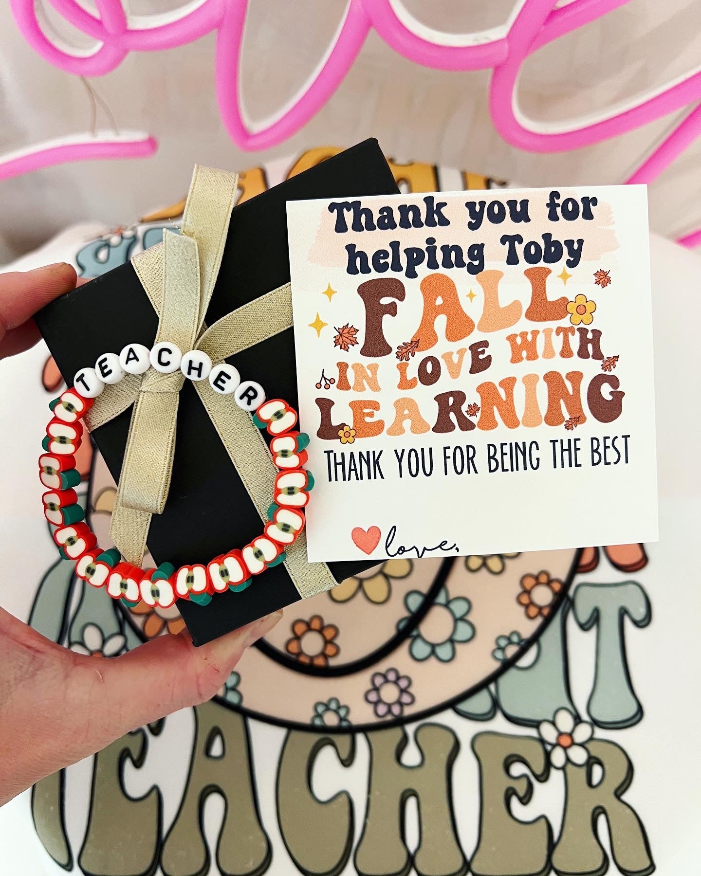 Fall in love with learning Teacher Apple bracelet Appreciation gift! Card, box & ribbon included!