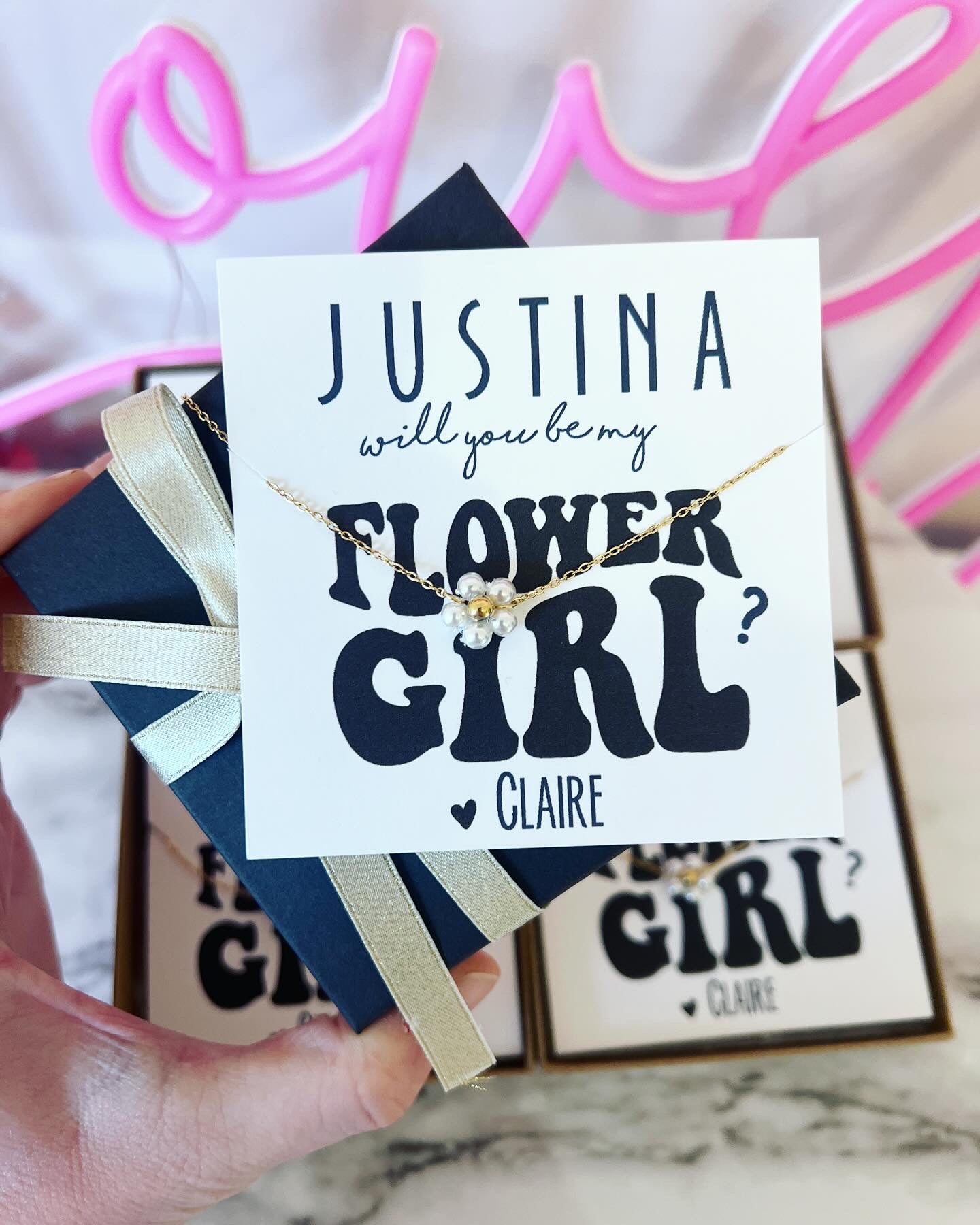 Flower Girl gold & Pearl flower necklace!With Card, Box And Ribbon, Flower girl thank you necklace, will you be my flower girl? no tarnish!
