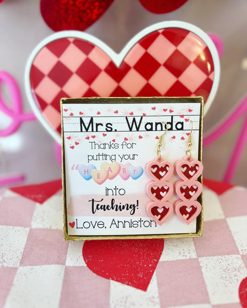 Teacher Appreciation Valentine's Day Heart Earrings Gift · Lead & Nickel Free, Hypoallergenic · Box & Ribbon · Personalized Card · US