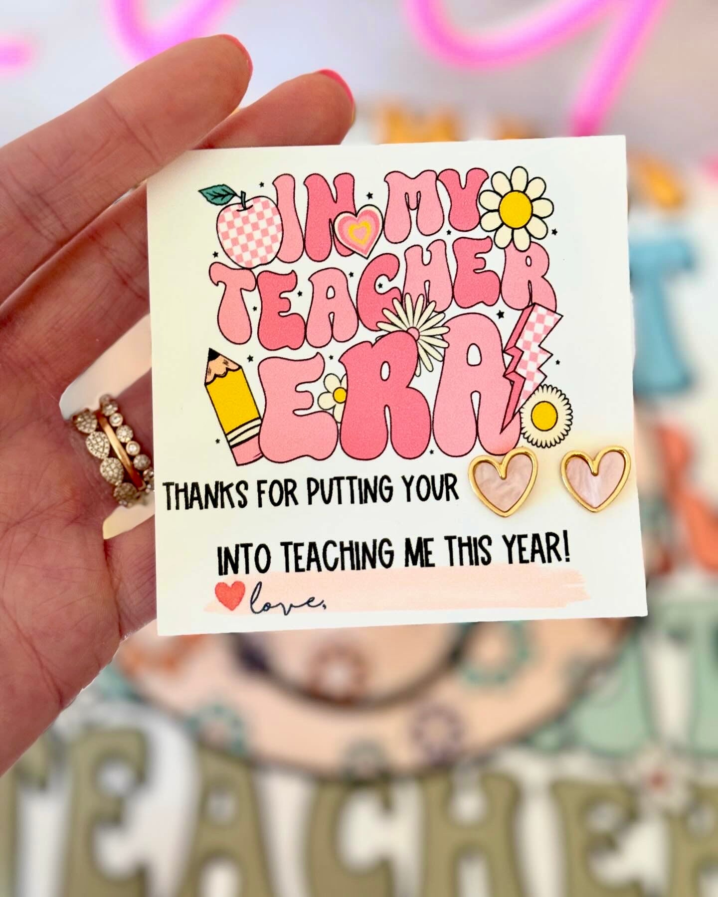 Teacher Appreciation End of year gift, Pink & Gold Heart Stud earrings, box+ ribbon included! In my Teacher Era, heart into teaching earring