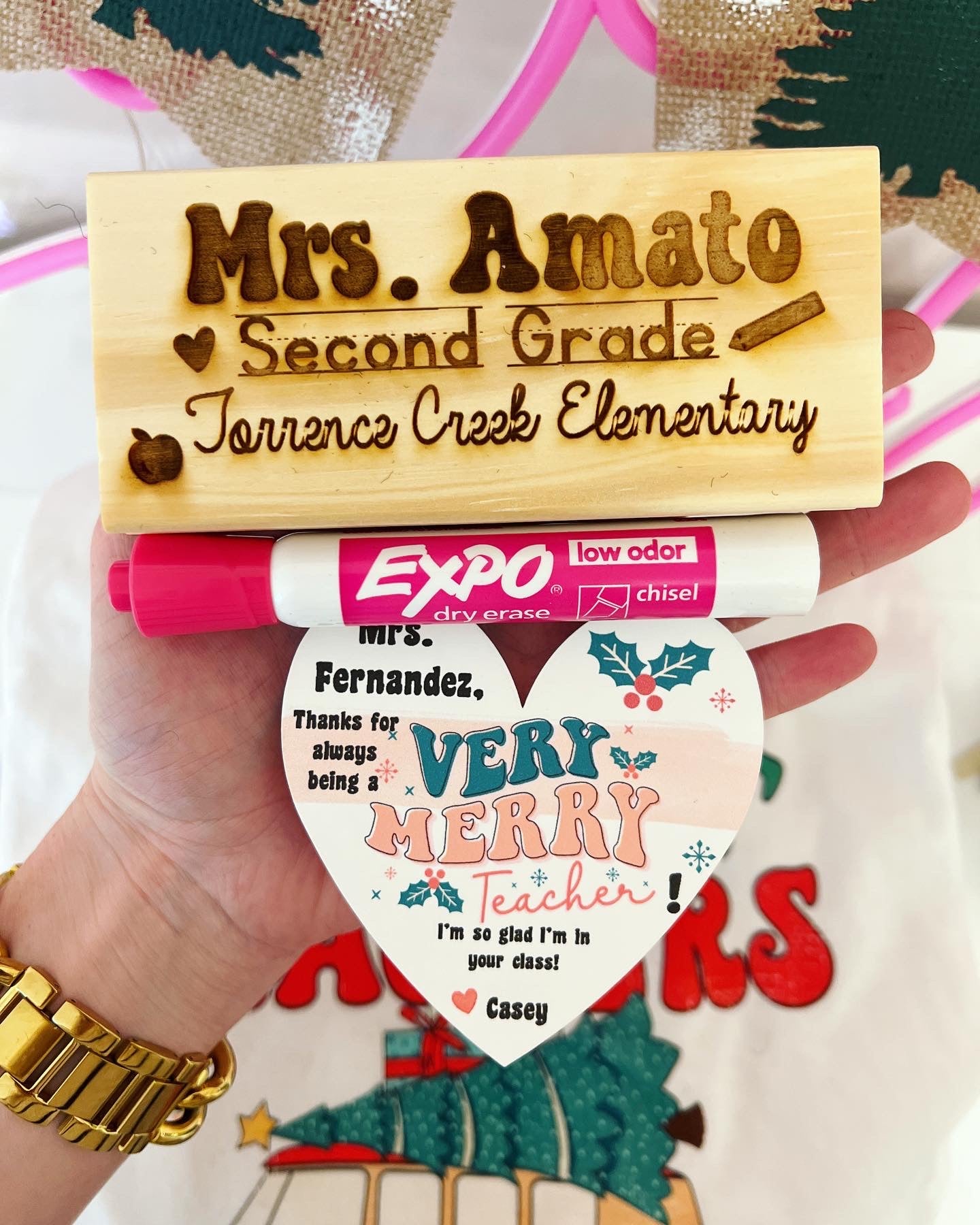 Personalized Engraved Whiteboard Eraser gift w/ Expo Marker, Personalized Christmas Card, Holographic cellophane gift bag tied with ribbon!