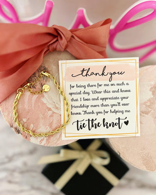 Gold Braided Rope Adjustable Bridal Party Thank You Bracelet! NON-tarnish & hypoallergenic, card, box + ribbon included!