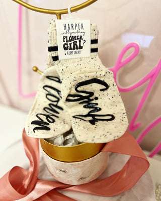Flower Girl gripper socks with Personalized Card, floral gift box with bow ribbon,  Flower girl thank you, will you be my flower girl?