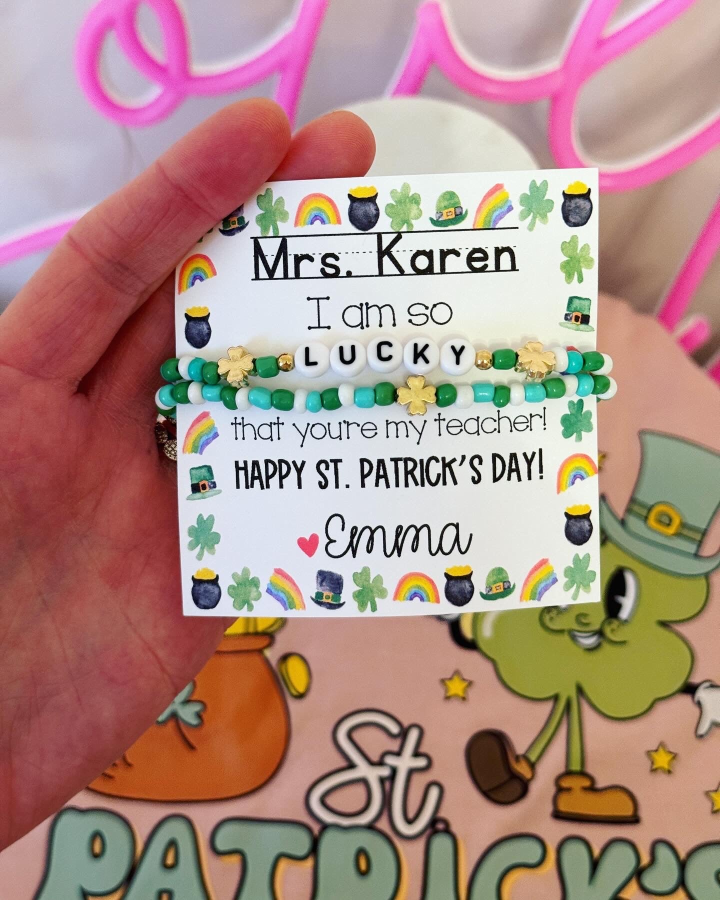 Teacher St. Patrick’s  Day Gift! Lucky & clover Bracelet set! Personalized St. Patrick’s Day card, included with box+ribbon!