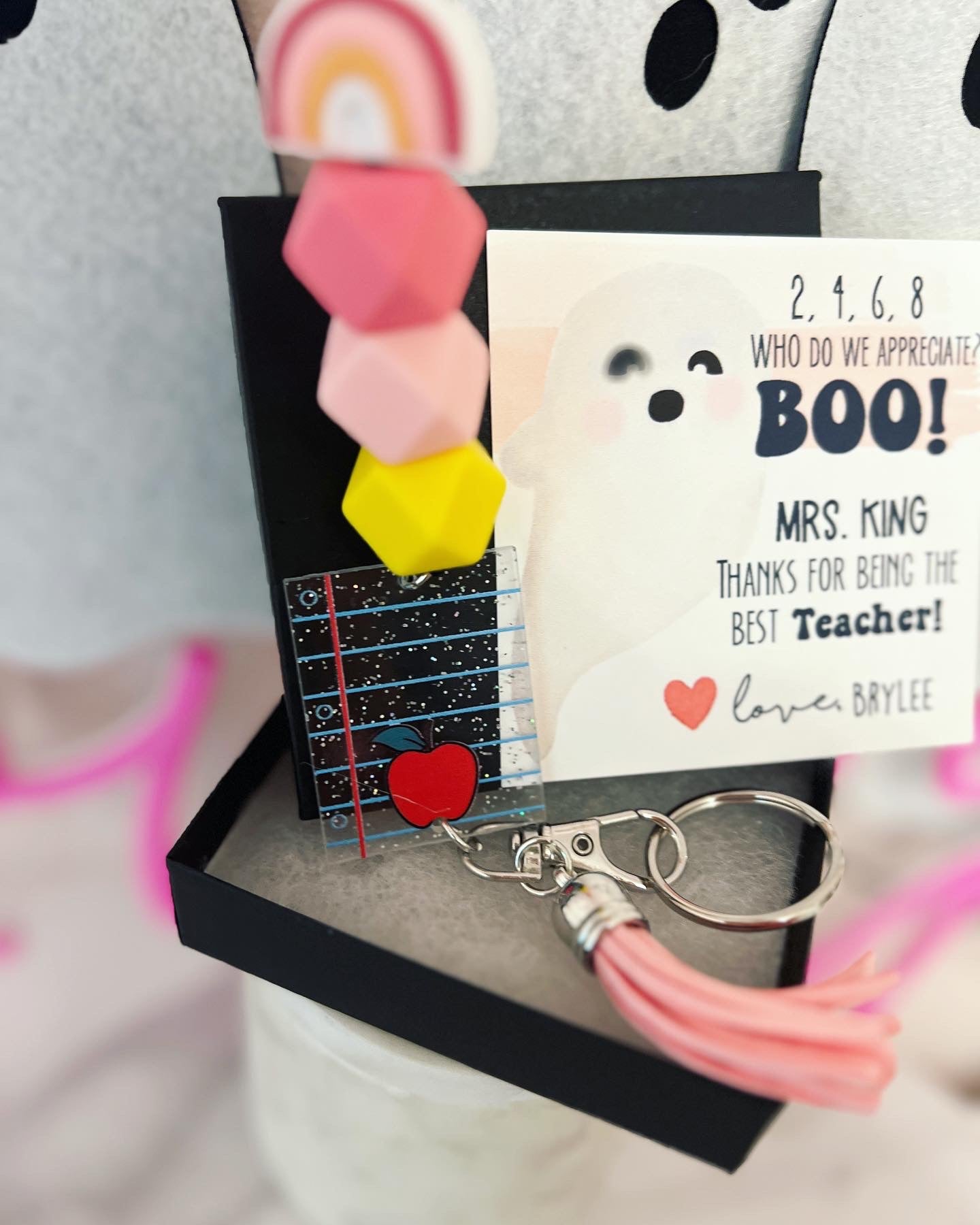 Halloween Teacher gift! Teacher Lanyard w/Glitter Acrylic Charm, tassel and rainbow with beads! Personalized Halloween card, box & ribbon!