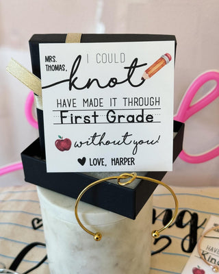 Teacher Appreciation End of Year Teacher Gift Knot Bangle! NON-TARNISH, Personalized card, bangle, box & ribbon included too!