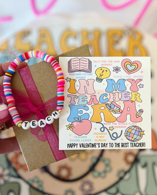 In my Teacher Era Valentine's Day Teacher Gift! Teach bracelet, Card, Box & Ribbon!