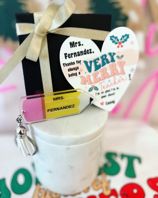 Very Merry Teacher Acrylic Pencil Classroom Key chain! Personalized Holiday gift, included with box and ribbon! Teacher Christmas gift!