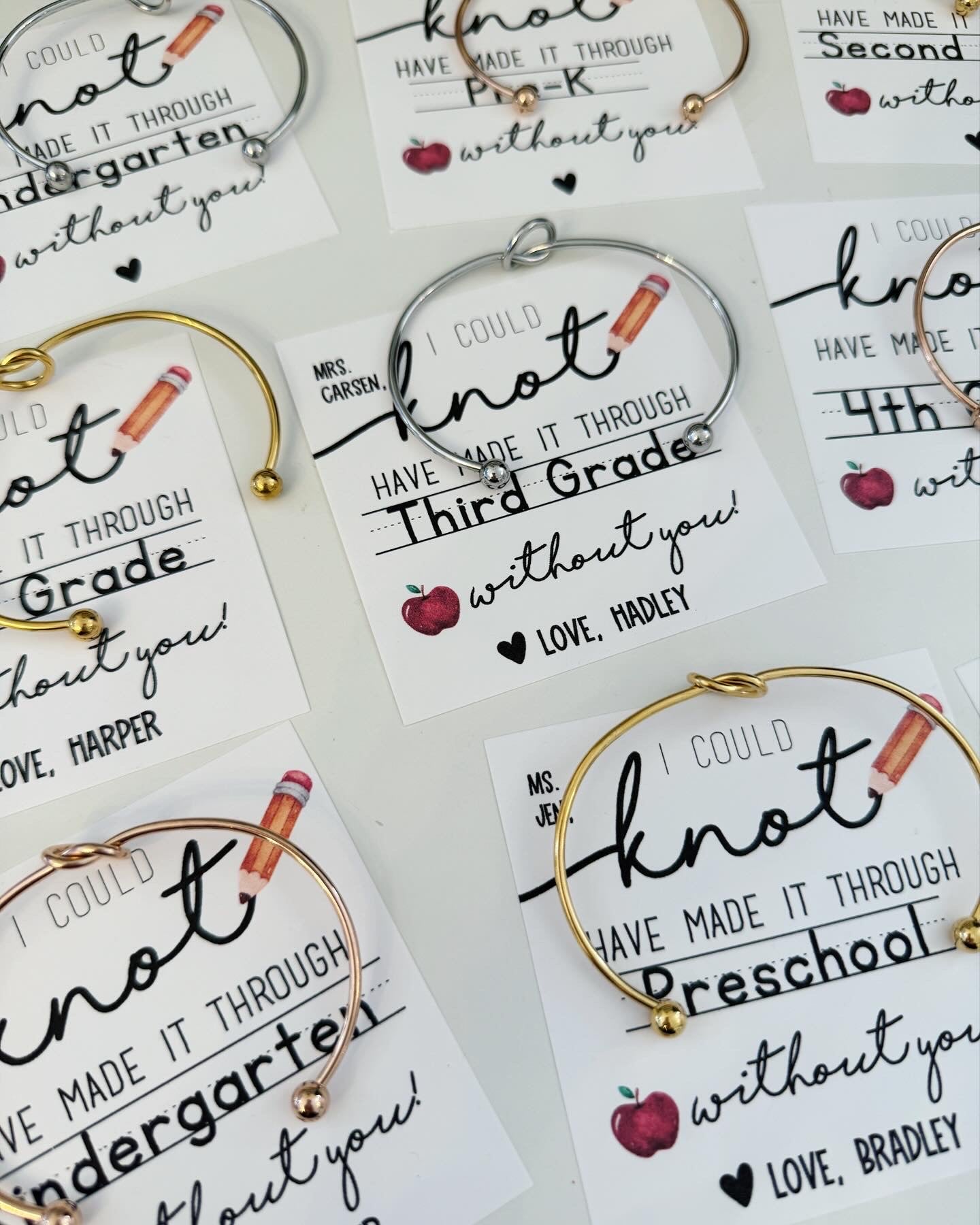 Teacher Appreciation End of Year Teacher Gift Knot Bangle! NON-TARNISH, Personalized card, bangle, box & ribbon included too!