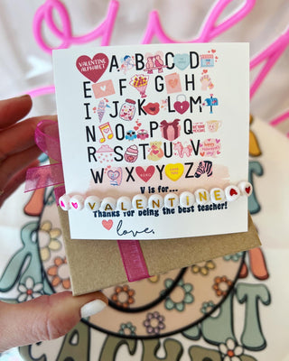 Alphabet Teacher Valentine's Day gift, Valentine beaded bracelet, card, box & ribbon included! Valentine gift for teacher from student
