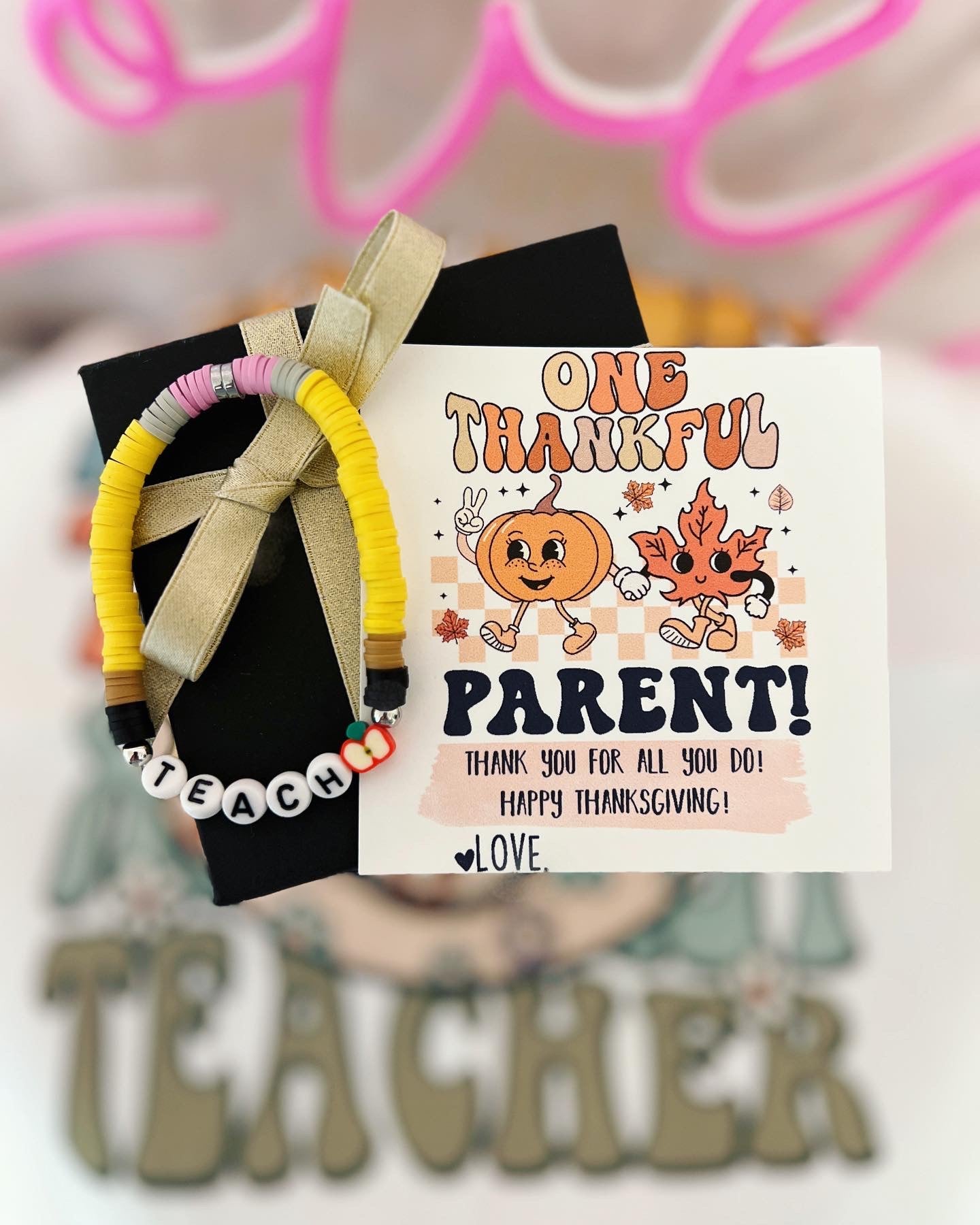 Thankful for you, Teacher gift! Thanksgiving Teacher appreciation gift, clay disc bead TEACH bracelet, personalized card, box & ribbon!