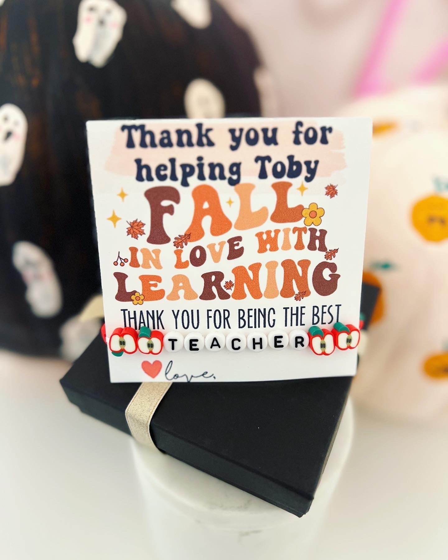 Thanksgiving Teacher gift! Teacher appreciation gift, clay disc bead TEACH bracelet, personalized card, box & ribbon! Teacher thank you!