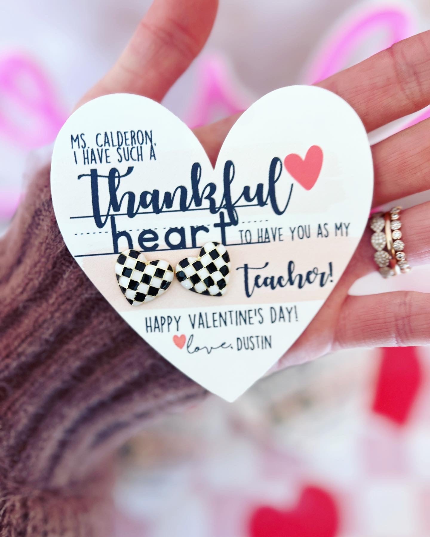 Teacher Valentine's Day gift, Thanks for being the best teacher, Valentine's day heart studs, teacher gift, personalized card, box & ribbon!