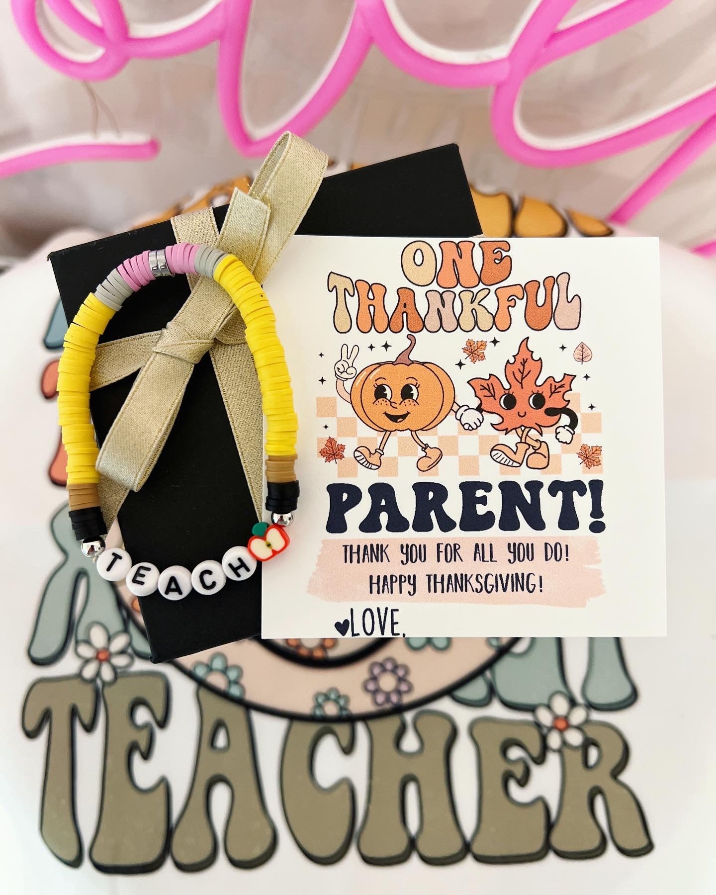 Thankful for you, Teacher gift! Thanksgiving Teacher appreciation gift, clay disc bead TEACH bracelet, personalized card, box & ribbon!