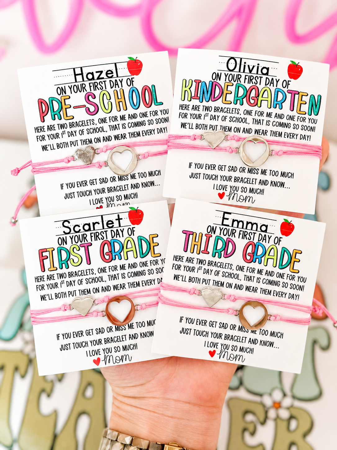 First Day of School! Mommy and Me Adjustable Bracelets, includes card, box & ribbon too!