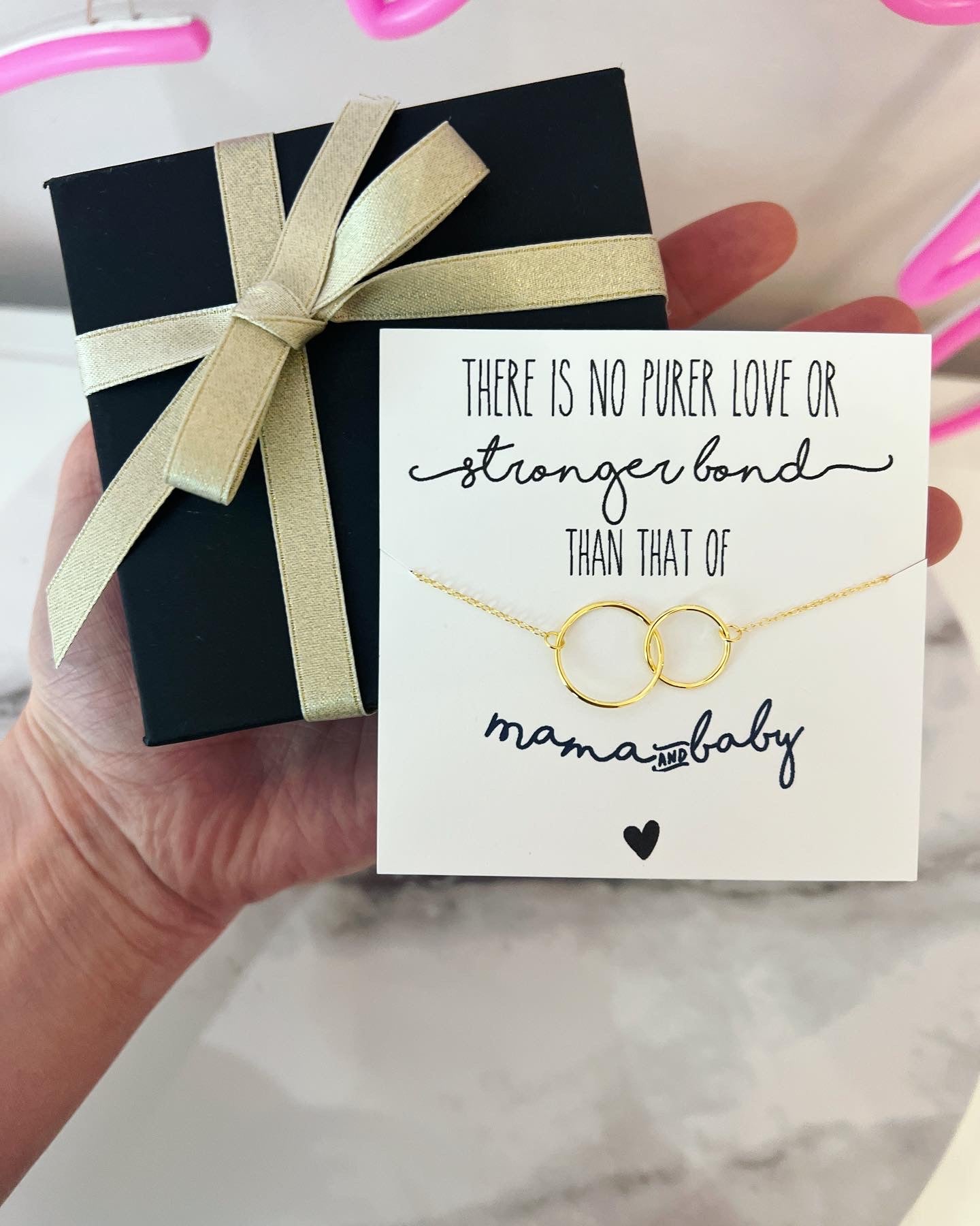 New Mom Infinity Necklace, card, box & ribbon! No tarnish materials!