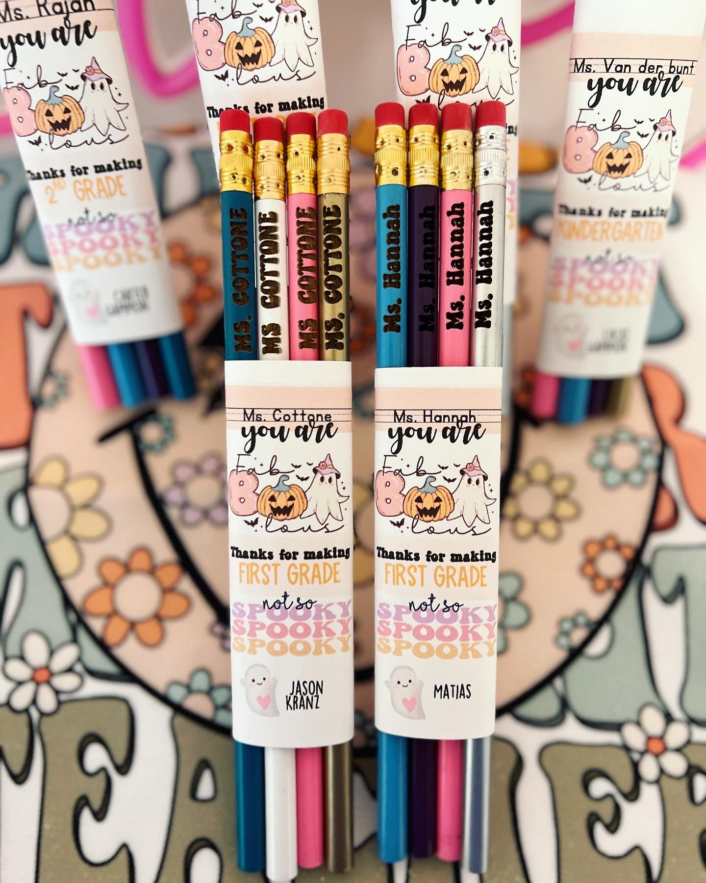 Teacher Halloween gift! Engraved 4 pack of Pencils! Personalized gift wrap tag, 10 pencil color choices! Choose 4!