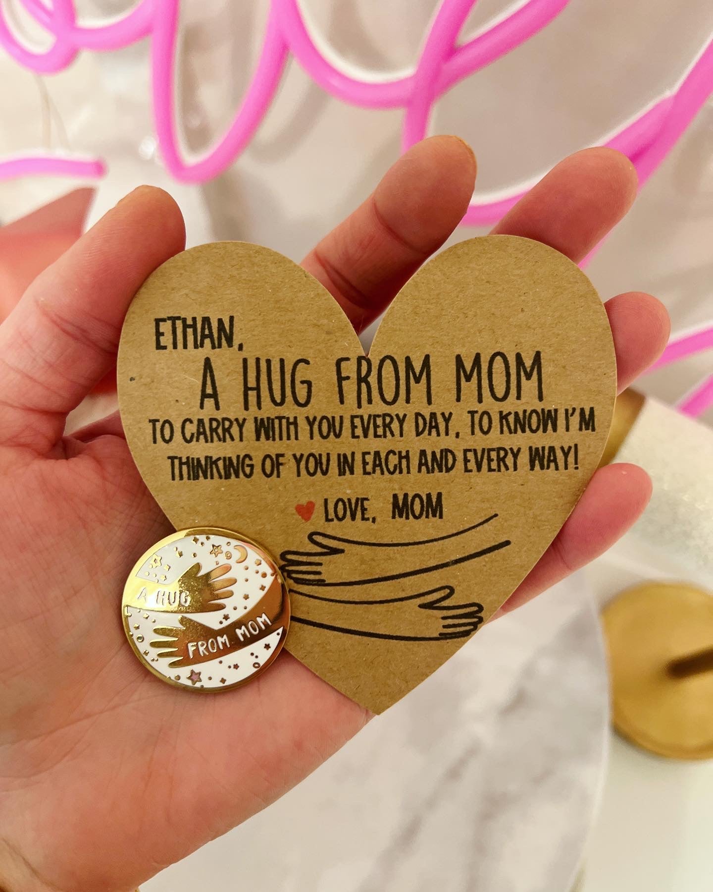 Hug from mom, First day of school backpack pin,  personalized card, box and ribbon included!