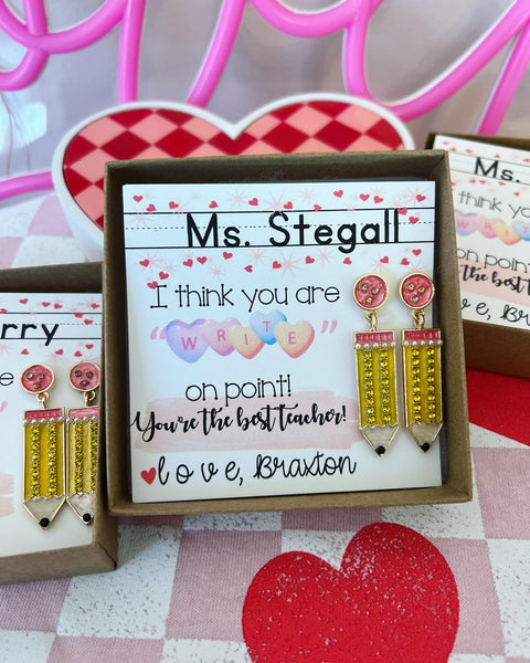 Valentine's Day Teacher Pencil Earrings Gift · Lead & Nickel Free, Hypoallergenic · Box & Ribbon · Personalized Card · US