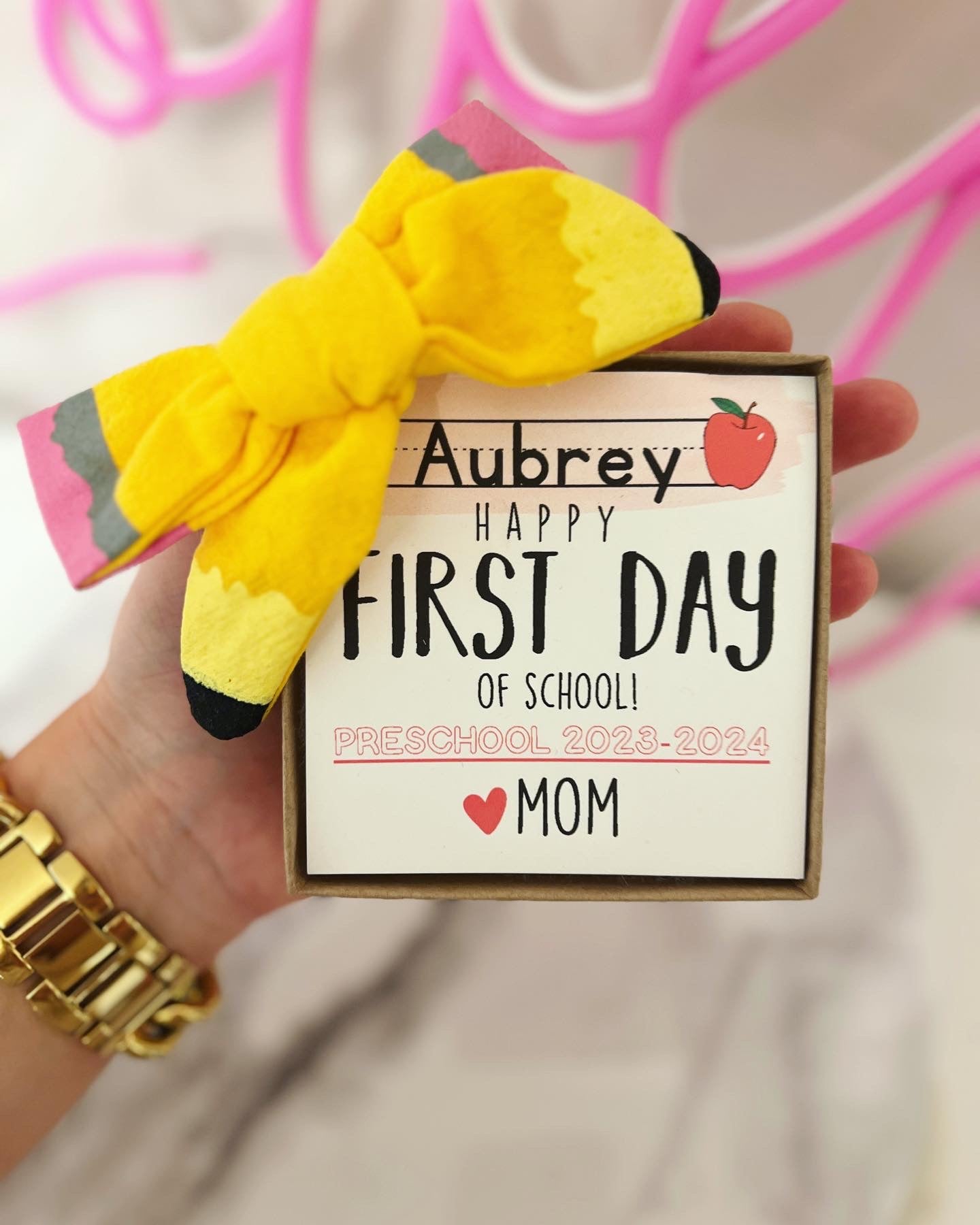 First day of school hair bow with personalized card, box & ribbon!