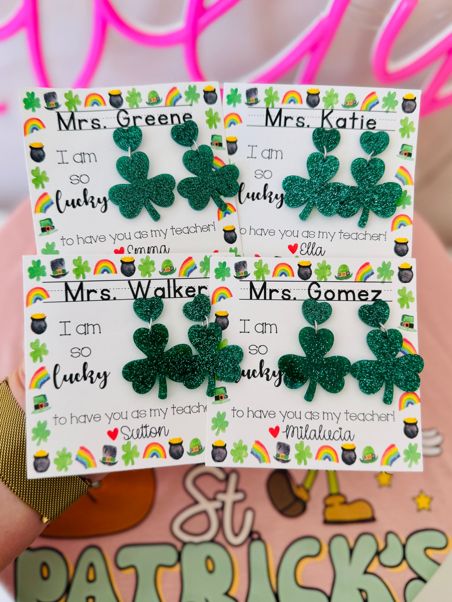 Teacher St. Patrick’s  Day Gift! Clover Earrings! Personalized St. Patrick’s Day gift, included with box+ribbon!