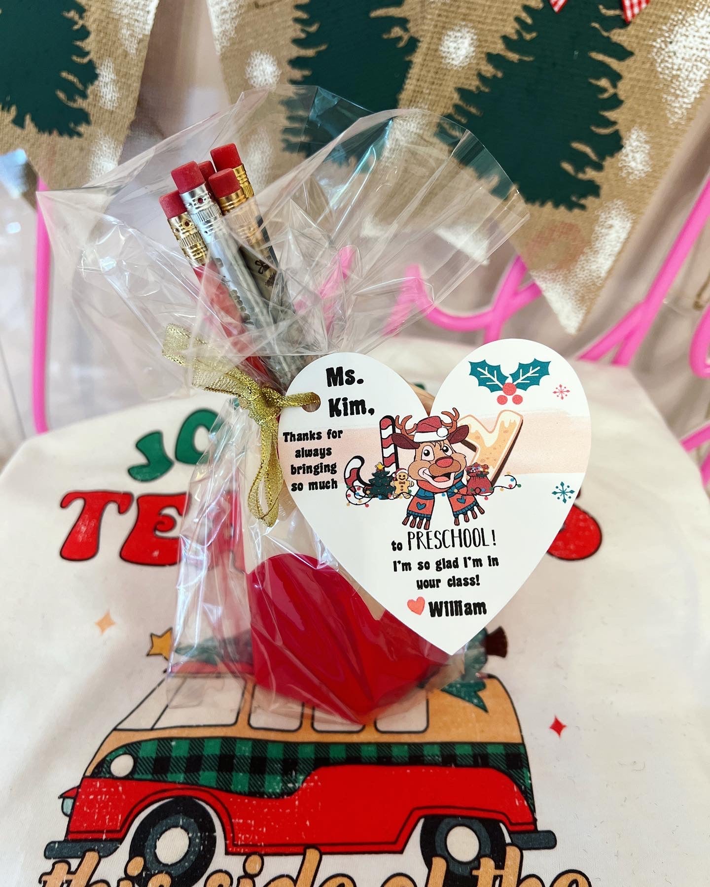 Thanks for bringing so much JOY to school! Engraved Teacher Pencils,Pencil cup! Gift wrap w/heart card, pencil cup holder!