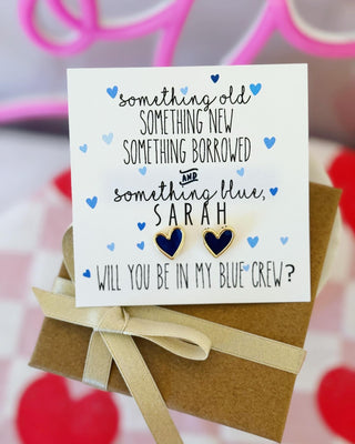 Something Blue? Bridesmaid Navy & Gold heart stud earring TOP SELLER! bridesmaid proposal, Bridesmaid thank you earrings, blue crew