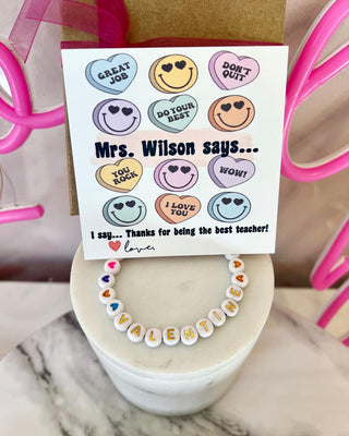 Candy Heart Card Teacher Valentine's Day gift,Valentine beaded bracelet, card, box & ribbon included! Valentine gift for teacher from student