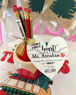Engraved Teacher Pencils Christmas Gift, with pencil cup & gift wrap!