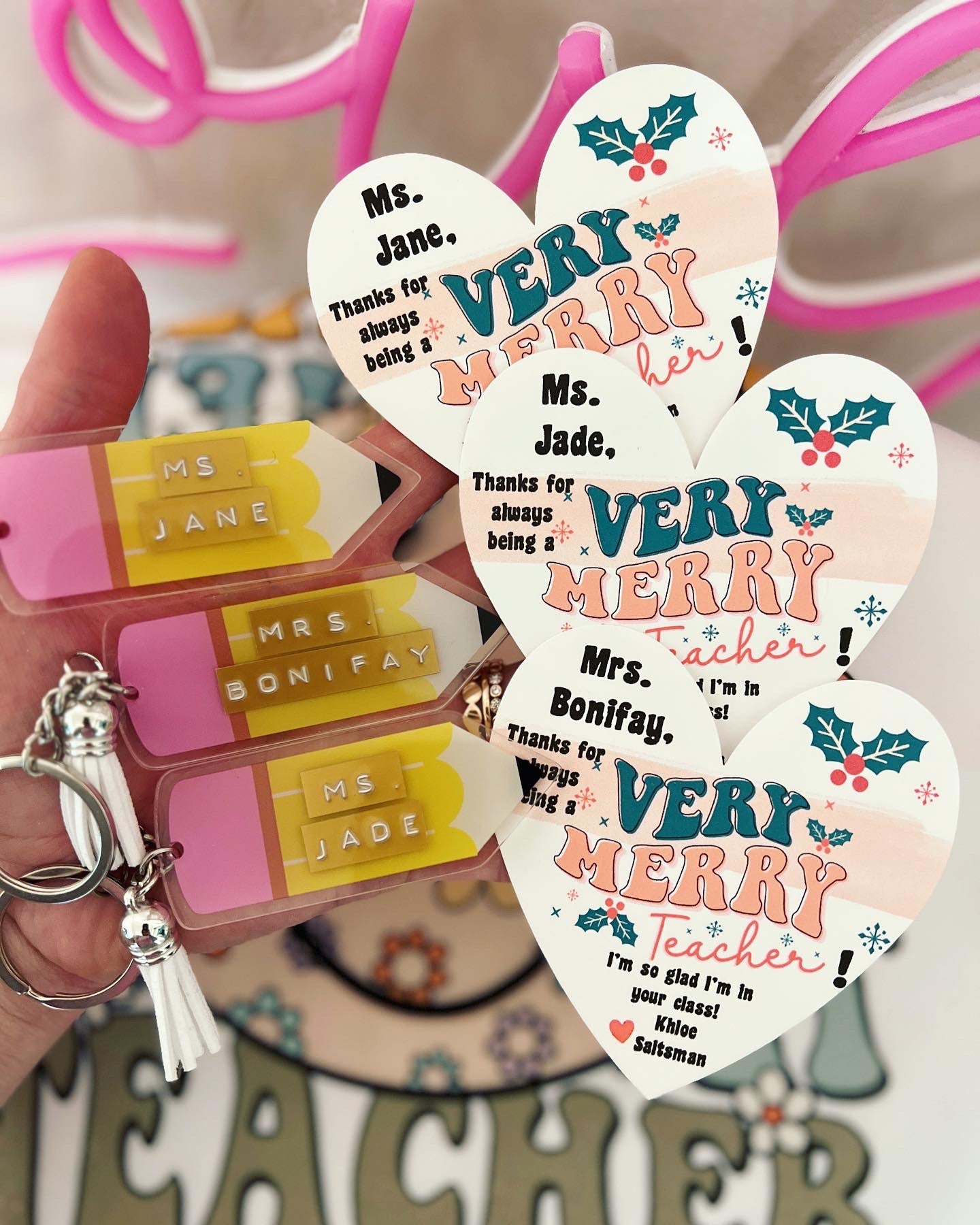 Very Merry Teacher Acrylic Pencil Classroom Key chain! Personalized Holiday gift, included with box and ribbon! Teacher Christmas gift!