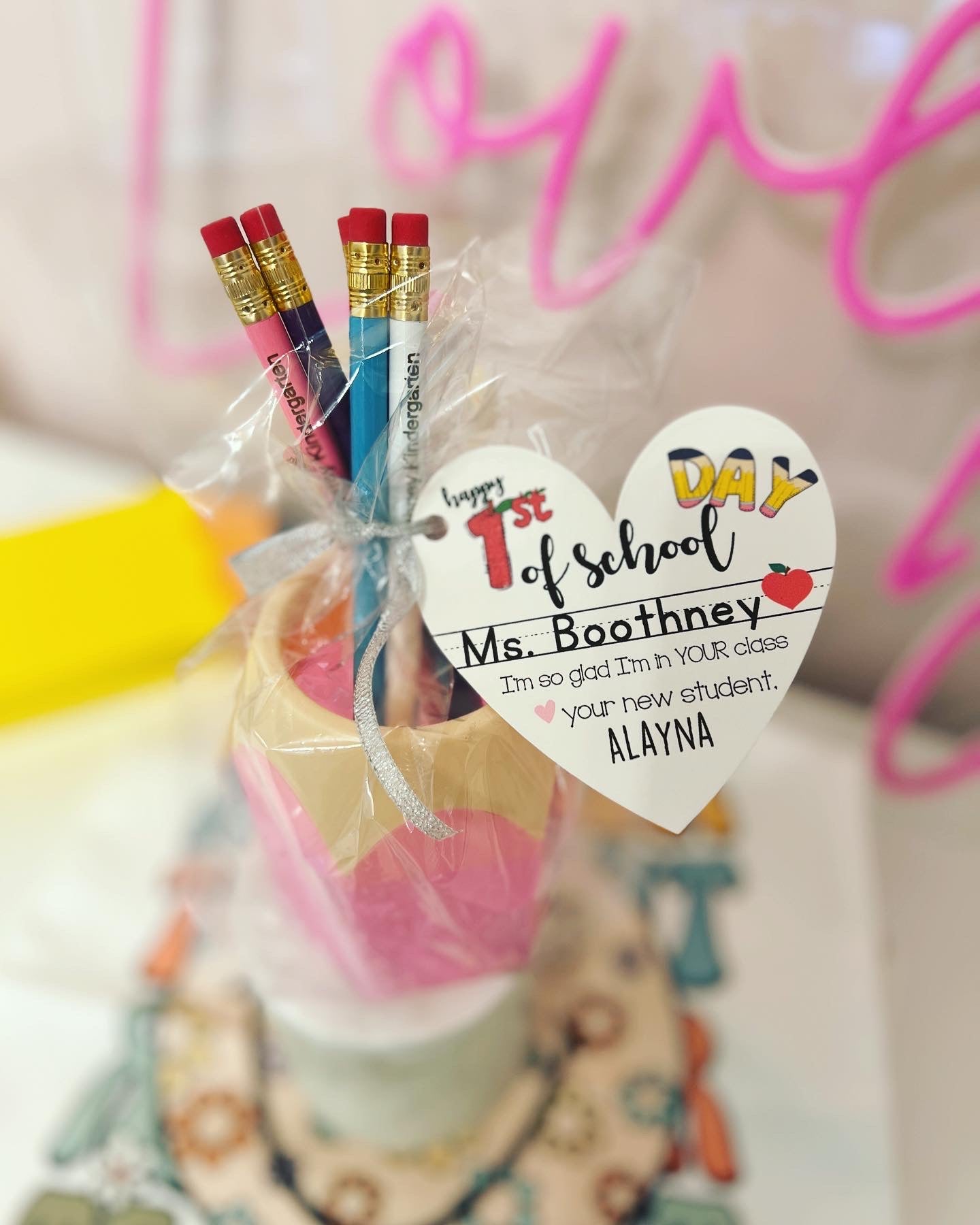 First day of school teacher gift! Engraved Pencils Back to School gift!Teachers Name personalized! Gift wrap w/heart card, pencil cup holder